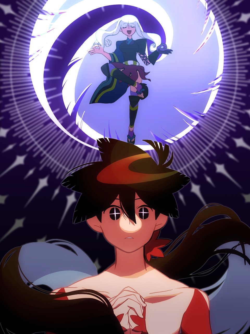 togame, yasuri shichika, katanagatari, commentary request, highres, 1boy, 1girl, absurdly long hair, arm guards, black eyes, black hair, closed mouth, detached sleeves, gloves, hakka oishie, hands up, interlocked fingers, japanese clothes, leg up, long hair, looking at viewer, low ponytail, maple leaf hair ornament, meditation, okobo, open mouth, own hands clasped, own hands together, parted lips, pink thighhighs, platform sandals, ponytail, purple gloves, red sleeves, sandals, single glove, smile, standing, standing on one leg, thighhighs, very long hair, white hair