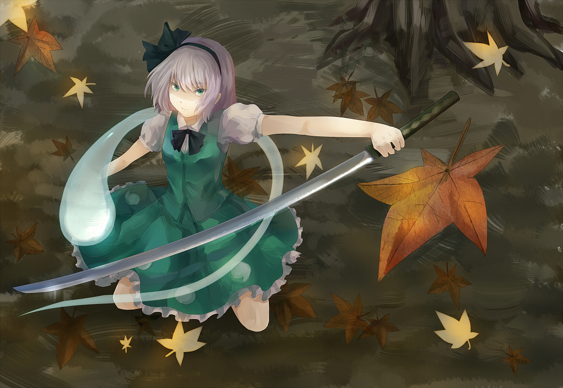 rifsom, konpaku youmu, konpaku youmu (ghost), touhou, silver hair, bad id, bad pixiv id, 1girl, autumn leaves, female focus, ghost, green eyes, hairband, katana, leaf, short hair, solo, sword, tree, weapon
