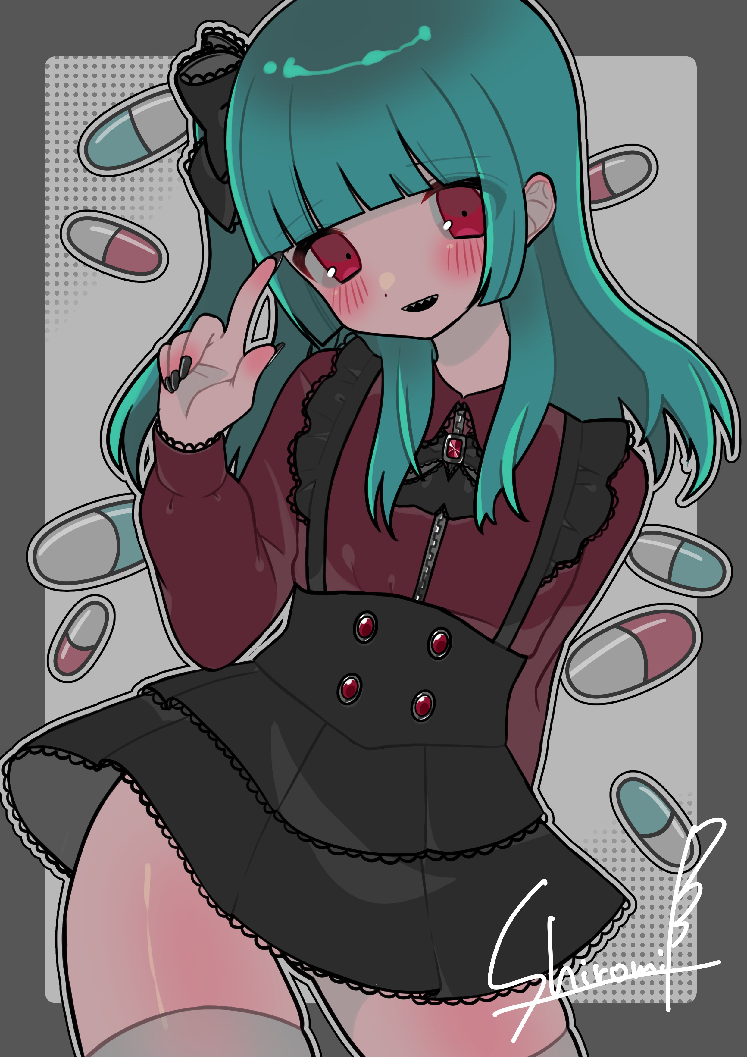 original, absurdres, commentary request, highres, 1girl, 463 e, artist name, black bow, black nails, black skirt, blue hair, blunt bangs, blush, bow, brooch, cowboy shot, falling pills, gem, hair bow, hand up, index finger raised, jewelry, jirai kei, lace, lace-trimmed skirt, lace-trimmed sleeves, lace trim, long hair, long sleeves, looking at viewer, one side up, open mouth, pill, red eyes, red gemstone, red shirt, sharp teeth, shirt, sidelocks, skindentation, skirt, solo, suspender skirt, suspenders, teeth, thighhighs, thighs, white thighhighs, zipper