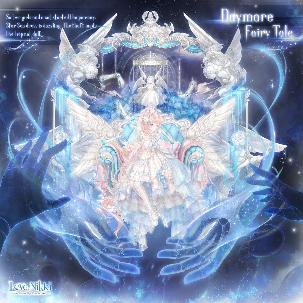 miracle nikki, nikki (series), artist request, official art, third-party source, 1girl, absurdly long hair, ankle bow, ankle ribbon, apron, armchair, birdcage, blue dress, blue eyes, blunt bangs, bow, cage, chair, character name, cherub, classic lolita, closed mouth, copyright logo, daymare fairy tale (miracle nikki), disembodied hand, doll joints, dress, empty eyes, english text, expressionless, fingerless gloves, frilled dress, frills, gloves, hair bow, hair flowing over, hand on own chin, high heels, joints, large bow, light particles, logo, lolita fashion, long dress, long hair, looking at viewer, marking on cheek, on chair, orange hair, pantyhose, pleated skirt, print skirt, puffy short sleeves, puffy sleeves, ribbon, shoes, short sleeves, sitting, skirt, skirt under dress, solo, space, sparkle, statue, very long hair, wavy hair, white apron, white bow, white pantyhose, white shoes, white skirt