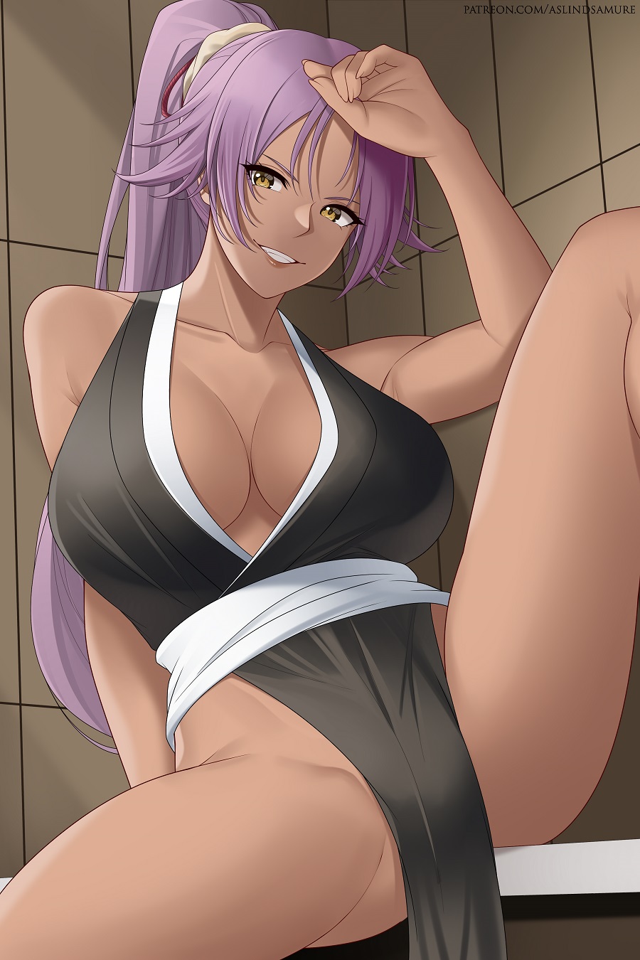 aslindsamure, shihouin yoruichi, bleach, 1girl, 2021, artist name, bare shoulders, breasts, collarbone, dark-skinned female, dark skin, female focus, hair ornament, large breasts, long hair, patreon username, ponytail, purple hair, shihakusho, sitting, spread legs, yellow eyes