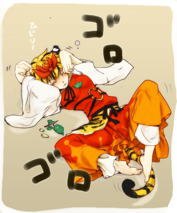 daken (artist), jingo kajiki, matatabi, toramaru shou, touhou, 1girl, animal ears, barefoot, blush, catnip, female focus, hair ornament, kemonomimi mode, lying, multicolored hair, on back, on floor, paw pose, short hair, solo, tail, tiger ears, tiger tail, two-tone hair
