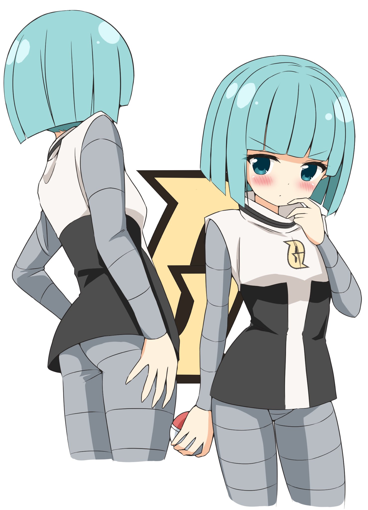 shishiky, team galactic grunt, nintendo, pokemon, commentary request, highres, 1girl, black tank top, blue eyes, blue hair, blunt bangs, blush, bodysuit, closed mouth, dot mouth, dot nose, feet out of frame, grey bodysuit, hand on own chin, hand on own thigh, holding, holding poke ball, logo, logo background, logo print, long sleeves, multiple girls, poke ball, short hair, simple background, tank top, tank top over bodysuit, team galactic, team galactic uniform, thigh focus, two-tone tank top, v-shaped eyebrows, white background, white tank top