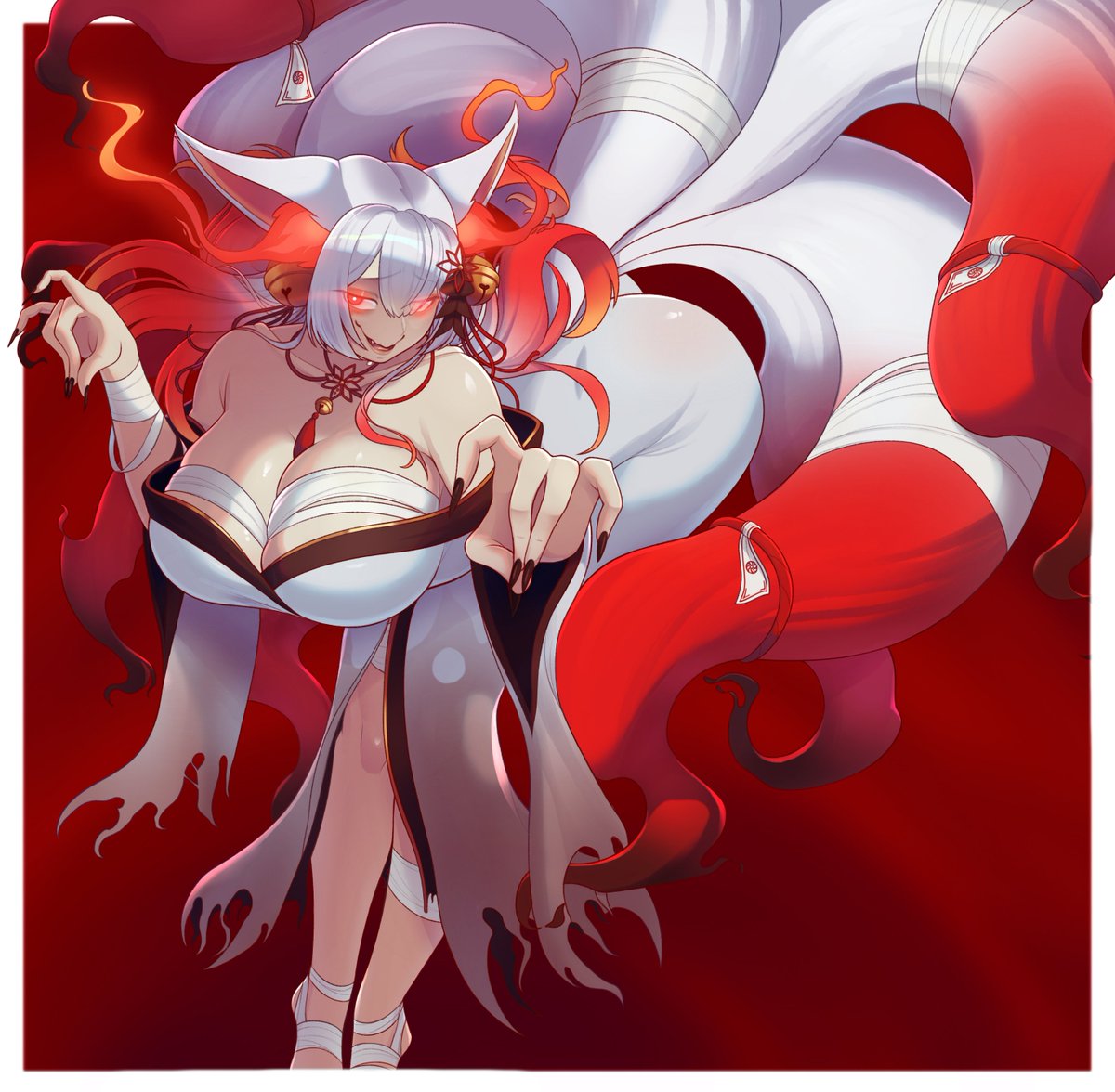 kishgull, original, commentary, english commentary, 1girl, animal ear fluff, animal ears, breasts, cleavage, double fox shadow puppet, fox ears, fox girl, fox shadow puppet, fox tail, glowing, glowing eyes, hair between eyes, huge breasts, japanese clothes, kitsune, large breasts, long hair, looking at viewer, multicolored hair, multiple tails, open mouth, red eyes, solo, tail, white hair
