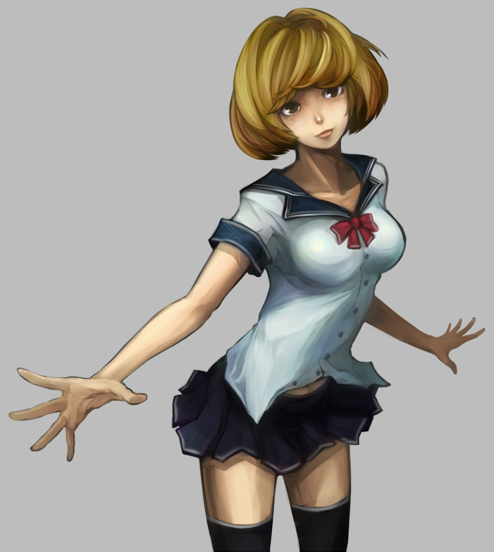 shibairo, original, 1girl, breasts, brown eyes, brown hair, female focus, large breasts, lips, outstretched arms, school uniform, serafuku, short hair, skirt, solo, spread arms, thighhighs, zettai ryouiki