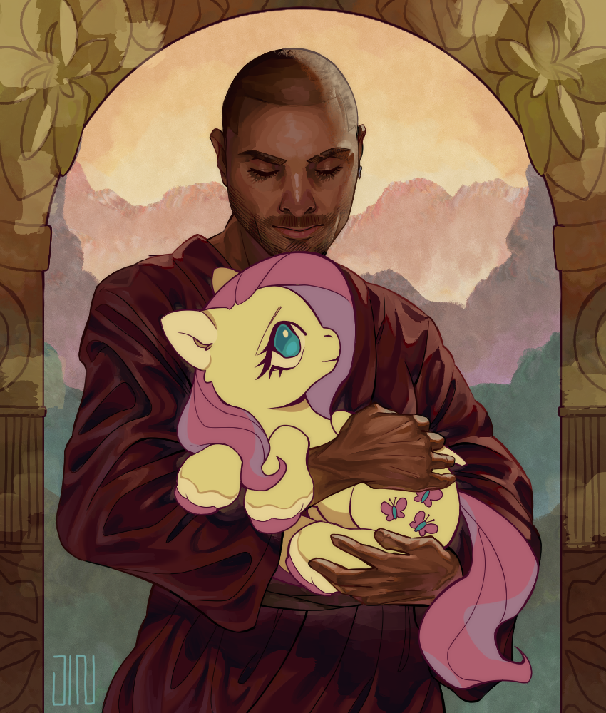 fluttershy, nacho varga, better call saul, breaking bad, my little pony, my little pony: friendship is magic, commentary, english commentary, 1boy, 1girl, bug, butterfly, butterfly tattoo, buzz cut, carrying, child carry, column, crossover, cutie mark, dark-skinned male, dark skin, eyebrow cut, facial hair, fine art parody, hooves, insect, jin hattori, looking at another, looking down, lost lamb, painterly, parody, pillar, pink hair, pink tail, pony (animal), realistic, red robe, robe, short hair, sky, smile, stubble, tattoo, thick eyebrows, tsurime, very short hair, yellow fur, yellow sky