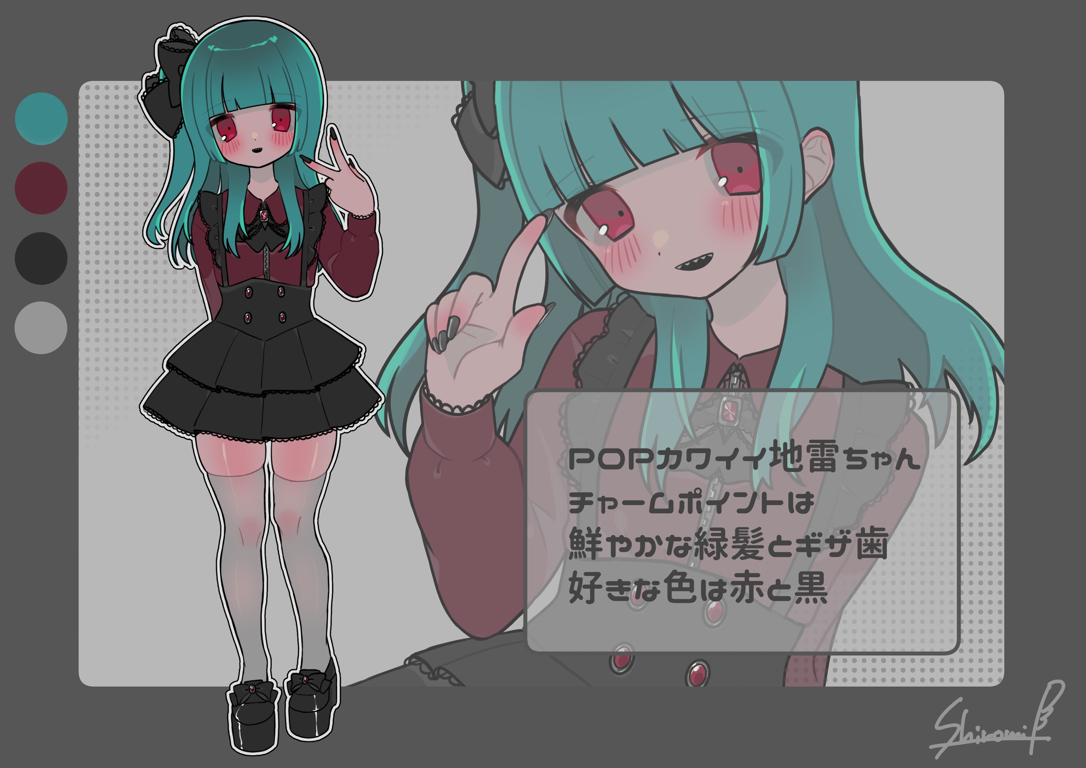 original, absurdres, commentary request, highres, translation request, 1girl, 463 e, arm behind back, artist name, black bow, black nails, black shoes, black skirt, blue hair, blunt bangs, blush, border, bow, brooch, collared shirt, color guide, cowboy shot, falling pills, footwear bow, full body, gem, grey border, hair bow, hand up, index finger raised, jewelry, jirai kei, lace, lace-trimmed skirt, lace-trimmed sleeves, lace trim, long hair, long sleeves, looking at viewer, multiple views, open mouth, pill, platform shoes, red eyes, red gemstone, red shirt, sharp teeth, shirt, shoes, sidelocks, skindentation, skirt, standing, suspender skirt, suspenders, teeth, thighhighs, thighs, v, white thighhighs, zipper