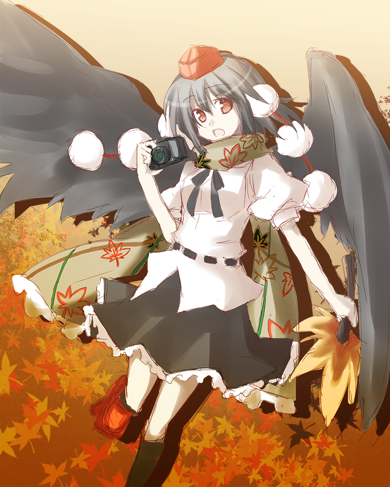 shiduki eku, shameimaru aya, touhou, bad id, bad pixiv id, 1girl, black hair, camera, female focus, geta, hat, looking at viewer, open mouth, red eyes, scarf, short hair, skirt, solo, tengu-geta, wings