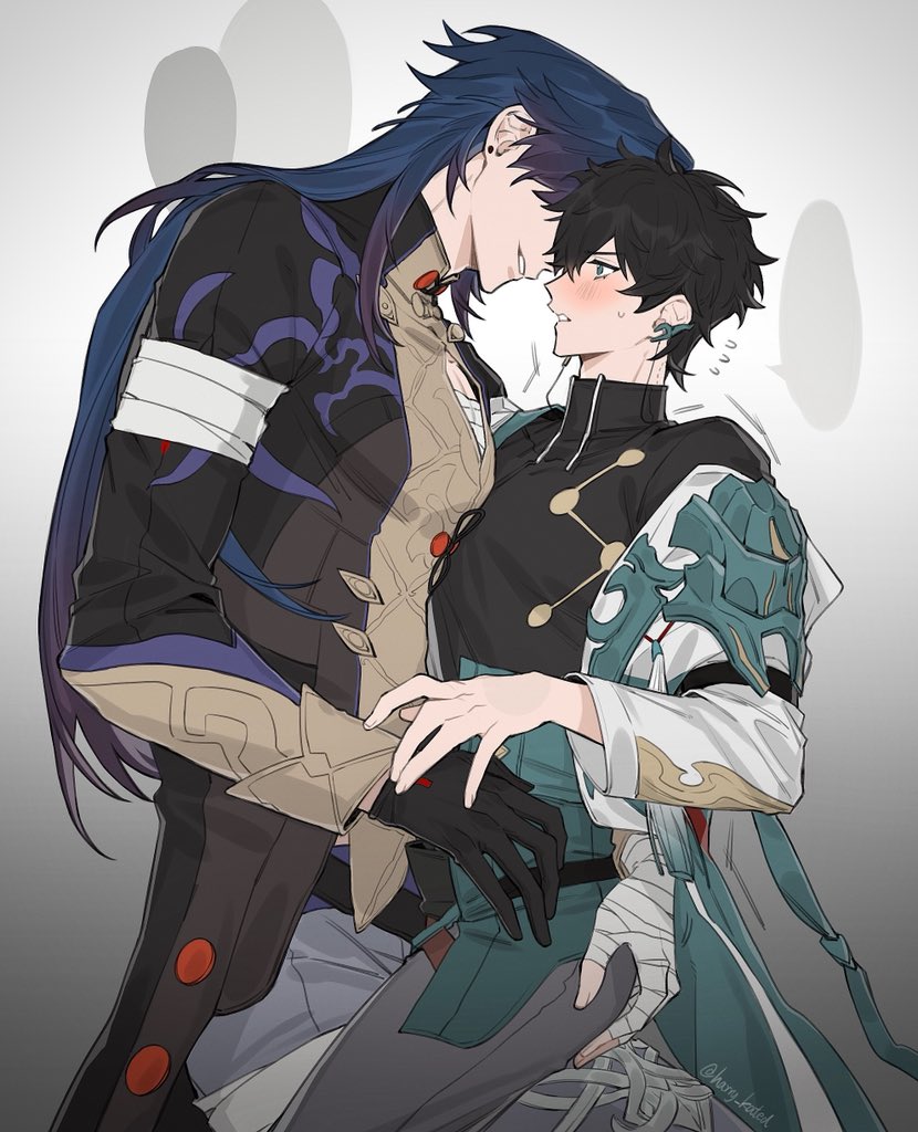 harryyyyyy1121, blade (honkai: star rail), dan heng (honkai: star rail), honkai: star rail, honkai (series), commentary request, mixed-language commentary, 2boys, artist name, bandaged arm, bandaged hand, bandages, belt, black belt, black hair, black skirt, blush, buttons, earclip, earrings, english text, gloves, green eyes, grey pants, hand on another's ass, hand up, jacket, jewelry, long hair, male focus, multicolored hair, multiple boys, open clothes, open jacket, pants, short hair, single glove, sitting, sitting on lap, sitting on person, skirt, stud earrings, teeth, twitter username