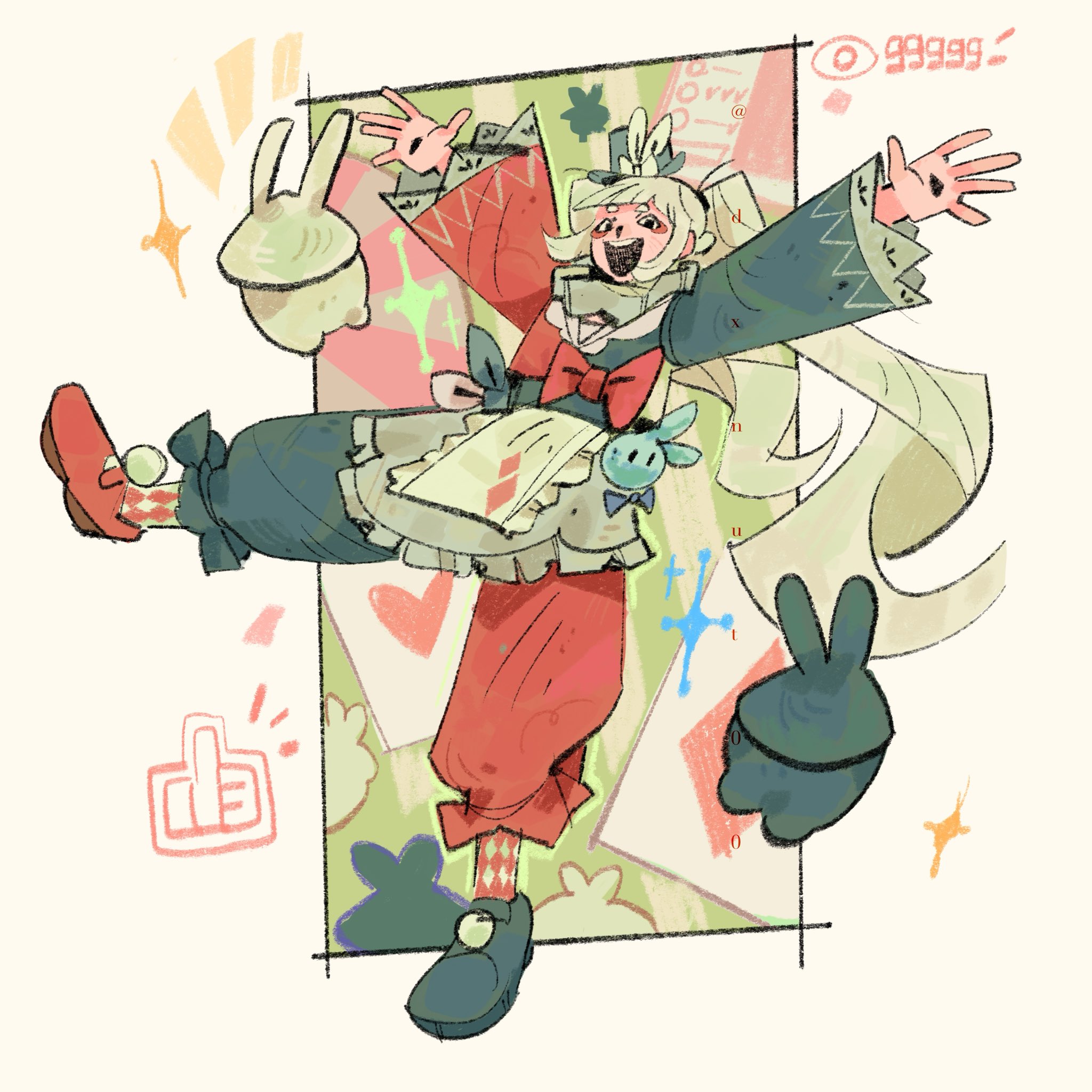 sparkle (honkai: star rail), sparxie (honkai: star rail), honkai: star rail, honkai (series), commentary, english commentary, highres, 1girl, black hat, card, dxnut00, hat, jester, jester costume, long sleeves, mismatched socks, multicolored pants, multicolored shirt, open mouth, pants, playing card, smile, thumbs up, twintails, white hair