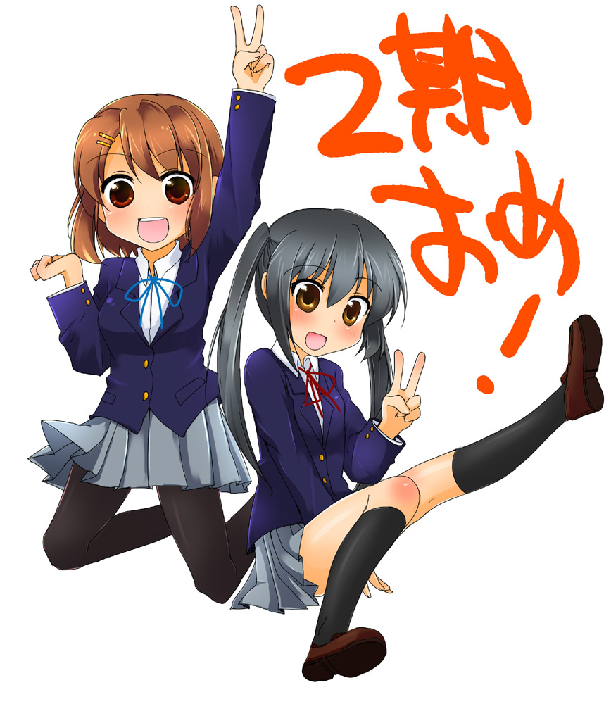 mocchii, hirasawa yui, nakano azusa, k-on!, bad id, bad pixiv id, 2girls, black hair, brown eyes, brown hair, long hair, multiple girls, pantyhose, school uniform, short hair, twintails, v