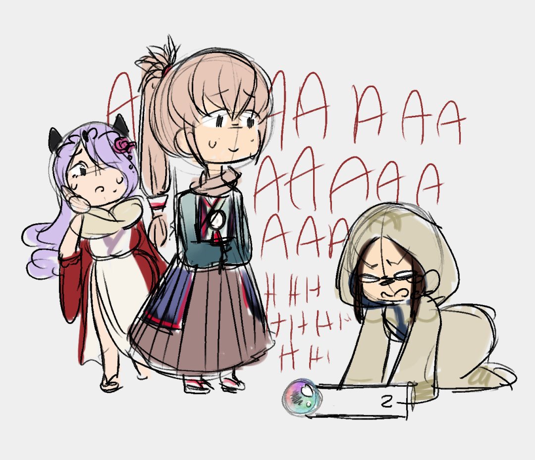 camilla (fire emblem), camilla (holiday traveler) (fire emblem), takumi (fire emblem), takumi (prince of soup) (fire emblem), fire emblem, fire emblem fates, fire emblem heroes, nintendo, original, 1boy, 2girls, all fours, crying, english text, grey hair, japanese clothes, kimono, long hair, multiple girls, nervous sweating, official alternate costume, purple eyes, rinarin, simple background, sketch, sweat, sweatdrop, tiara, wavy hair, yukata