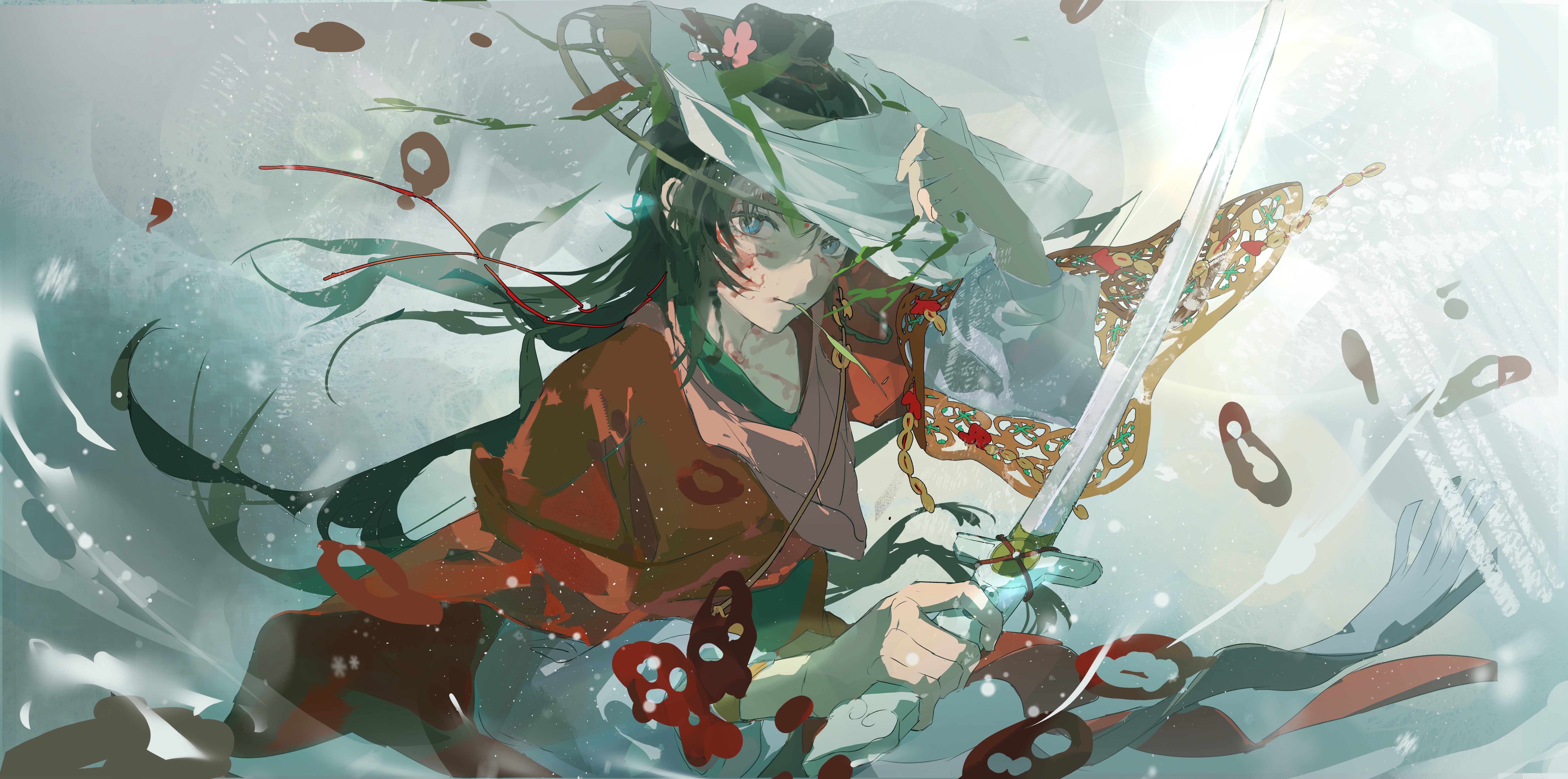 yi fen ta, reverse:1999, absurdres, chinese commentary, commentary request, highres, 1girl, black hair, blood, blood on face, blue eyes, chinese clothes, floating hair, grey background, hair bun, hand on headwear, hands up, hanfu, holding, holding sword, holding weapon, jian (weapon), long hair, looking at viewer, mouth hold, paper heron, red hanfu, sketch, solo, stalk in mouth, sword, upper body, weapon, weimao