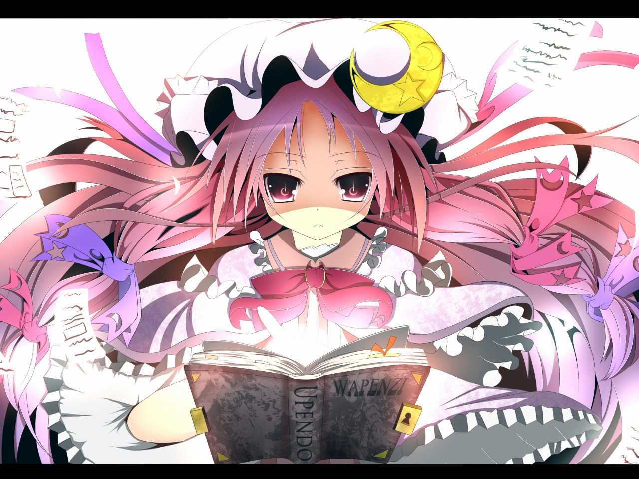 sukage, patchouli knowledge, touhou, 1girl, :<, book, female focus, hat, letterboxed, long hair, purple eyes, purple hair, solo