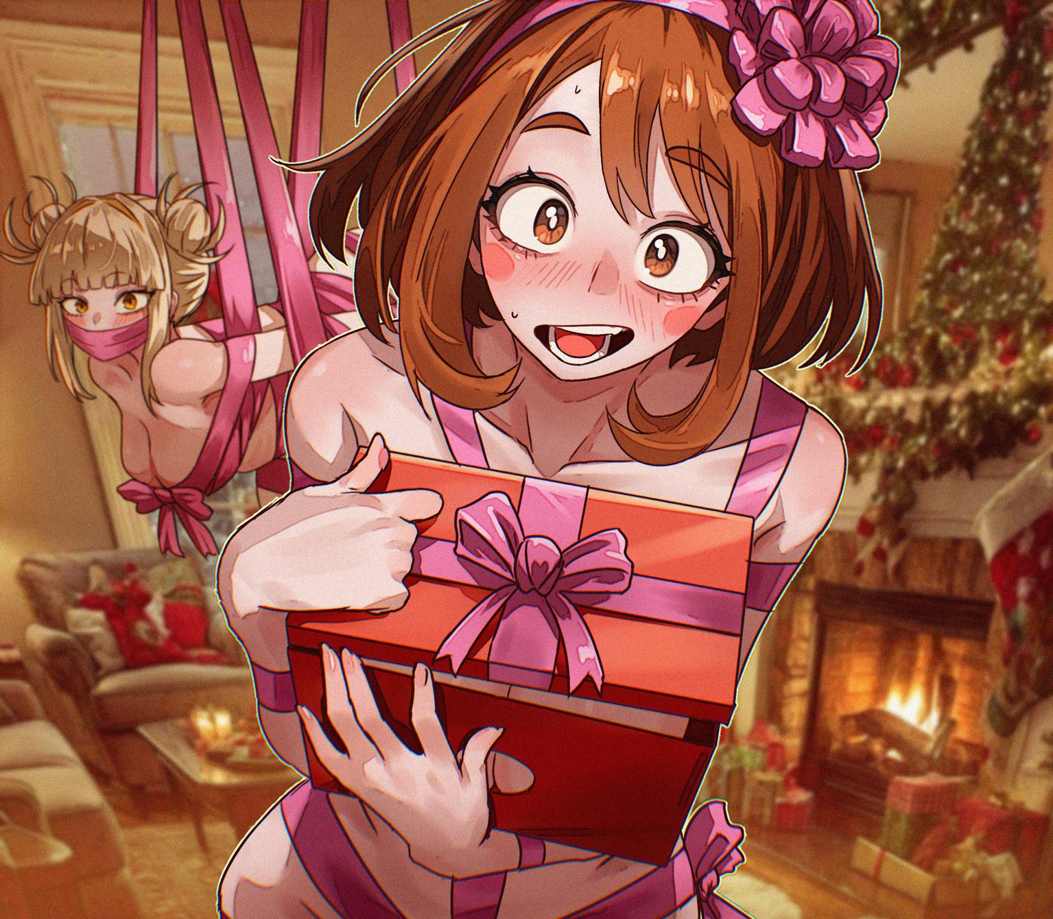 vlizz, toga himiko, uraraka ochako, boku no hero academia, commentary request, highres, 2girls, blonde hair, blush, blush stickers, box, breasts, breasts in a box, brown eyes, brown hair, christmas, cleavage, collarbone, double bun, fireplace, gagged, gift, gift box, hair bun, holding, holding gift, large breasts, multiple girls, naked ribbon, open mouth, pink ribbon, ribbon, short hair, sidelocks, solo focus, spanish commentary, suspension