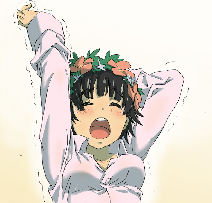 rurounin, uiharu kazari, toaru kagaku no railgun, toaru majutsu no index, 1girl, arms up, black hair, breasts, closed eyes, female focus, medium breasts, open mouth, shirt, short hair, sleepy, solo, tears, trembling, white shirt, yawning