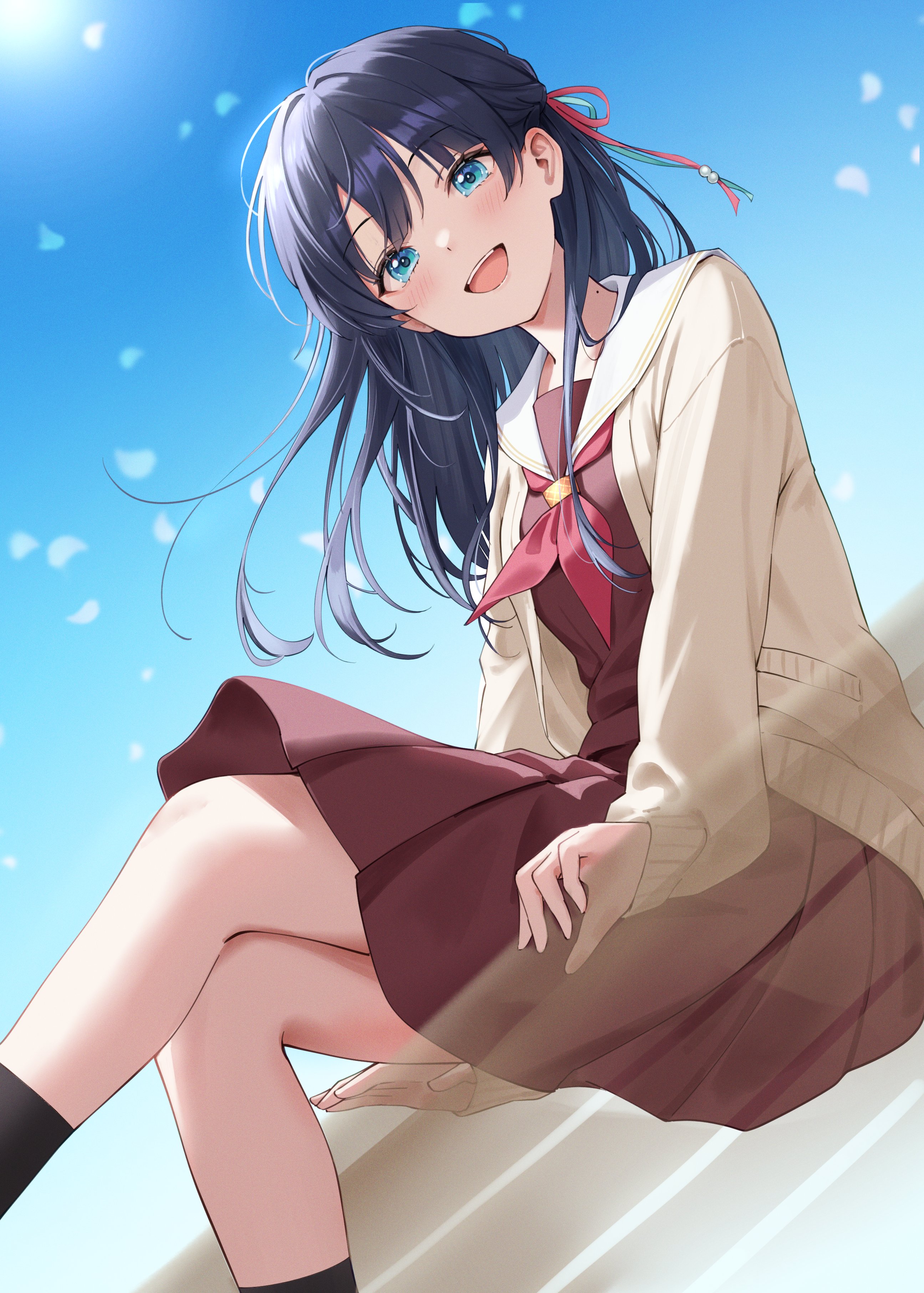 enu illustip, murano sayaka, link! like! love live!, love live!, absurdres, commentary request, highres, 1girl, :d, blue eyes, blue hair, blue sky, blush, brown cardigan, brown dress, cardigan, dress, from below, hair ribbon, hasu no sora school uniform, long hair, long sleeves, looking at viewer, mole, mole on neck, neckerchief, open cardigan, open clothes, open mouth, red neckerchief, ribbon, sailor collar, sailor dress, school uniform, sitting, sky, smile, solo, sunlight, teeth, upper teeth only, white sailor collar, winter uniform, x-ray