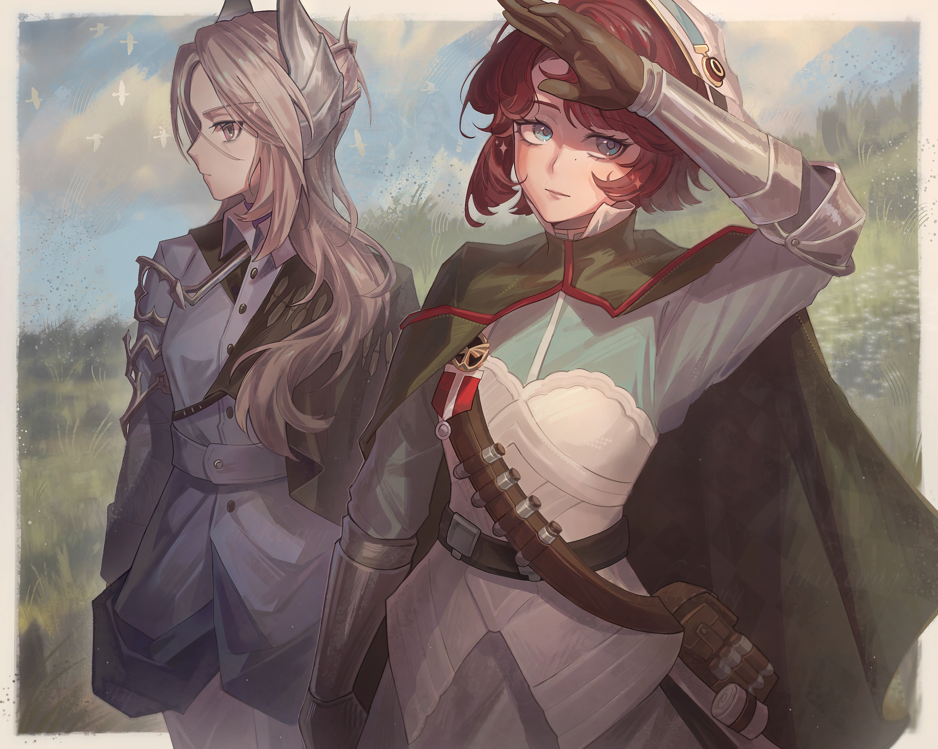 chikenug1000000, marsha (reverse:1999), sentinel (reverse:1999), reverse:1999, absurdres, commentary, highres, making-of available, symbol-only commentary, 2girls, arm up, badge, belt, belt pouch, black cape, blue eyes, blue jacket, blue shirt, blue sky, border, brown belt, brown border, cape, closed mouth, cloud, cloudy sky, gauntlets, grass, green cape, grey eyes, grey hair, hair ornament, hand up, hat, jacket, long hair, military uniform, multiple girls, outdoors, outside border, pouch, profile, red hair, sam browne belt, shirt, side-by-side, side cape, skirt, sky, upper body, white hat, white skirt