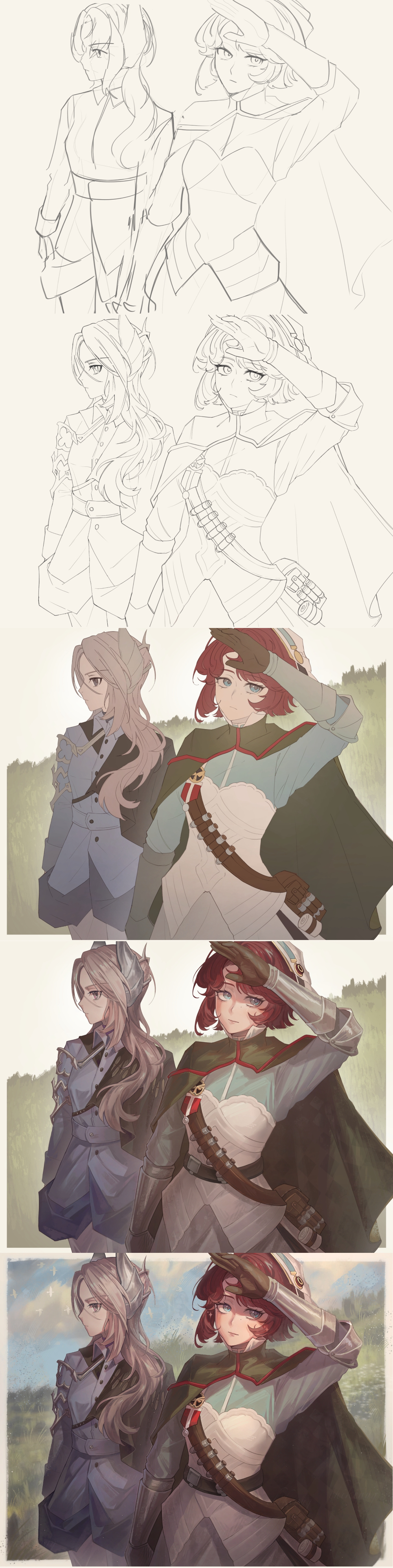 chikenug1000000, marsha (reverse:1999), sentinel (reverse:1999), reverse:1999, absurdres, commentary, highres, making-of, symbol-only commentary, 2girls, arm up, badge, belt, belt pouch, black cape, blue eyes, blue jacket, blue shirt, blue sky, border, brown belt, brown border, cape, closed mouth, cloud, cloudy sky, gauntlets, grass, green cape, grey eyes, grey hair, hair ornament, hand up, hat, jacket, long hair, military uniform, multiple girls, outdoors, outside border, pouch, profile, red hair, sam browne belt, shirt, side-by-side, side cape, skirt, sky, upper body, white hat, white skirt