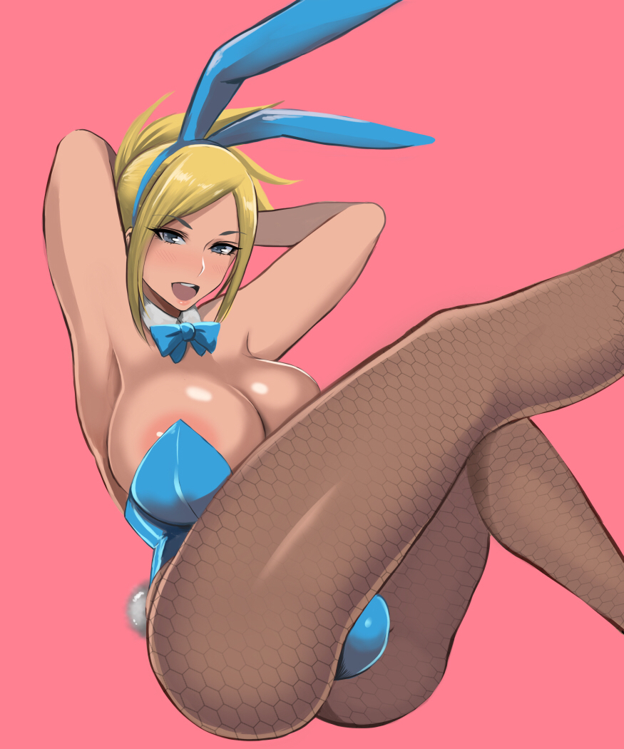 shibusun, original, commentary request, 1girl, animal ears, areola slip, armpits, arms behind head, blonde hair, blue bow, blue bowtie, blue leotard, bow, bowtie, breasts, bulge, cleavage, dark-skinned female, dark skin, feet out of frame, fishnet pantyhose, fishnets, futanari, ganguro, gyaru, knees together feet apart, large areolae, large breasts, legs, leotard, looking at viewer, open mouth, pantyhose, playboy bunny, rabbit ears, rabbit tail, smile, tail, tan, teeth, thick thighs, thighs