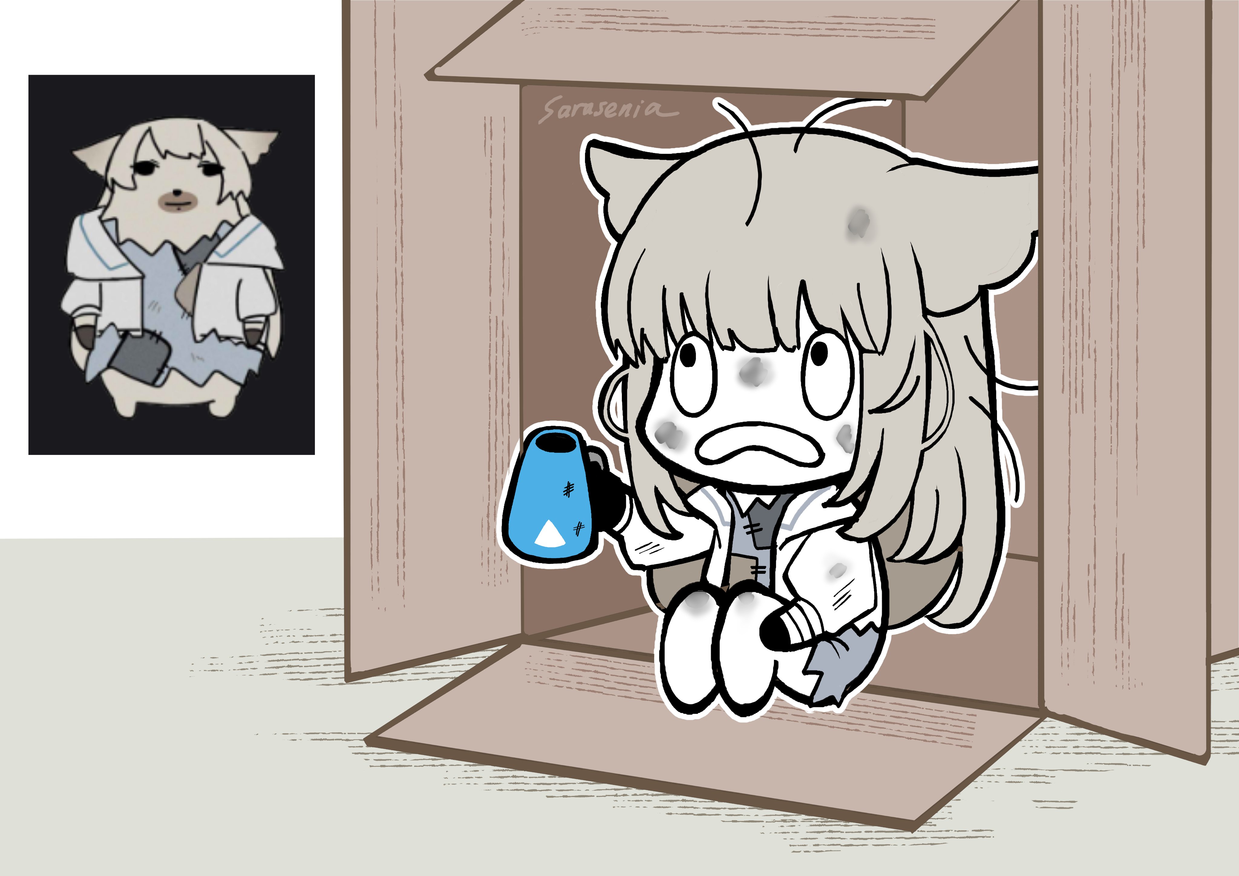 sarasenia92, perlica (arknights), arknights, arknights: endfield, absurdres, commentary, english commentary, highres, 1girl, animal ears, artist name, bird ears, bird girl, black gloves, box, full body, gloves, holding, holding kettle, homeless, in box, in container, jacket, kettle, long hair, open clothes, open jacket, open mouth, reference inset, sitting, solo