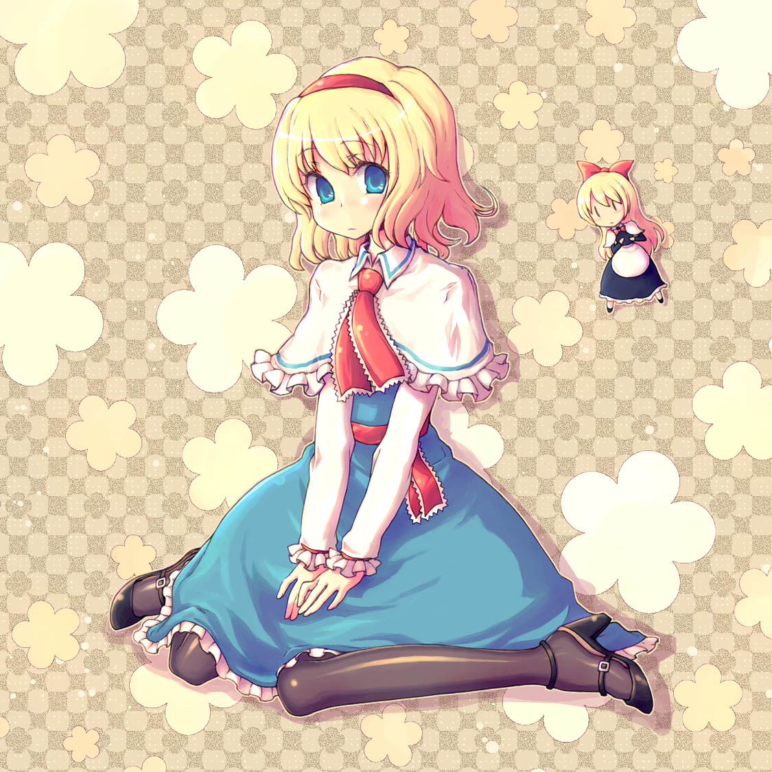kimarin, alice margatroid, shanghai doll, touhou, 1girl, blonde hair, blue eyes, capelet, doll, female focus, hairband, high heels, long hair, looking at viewer, pantyhose, shoes, short hair, shy, sitting, solo, wariza, | |