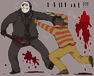 freddy krueger, jason voorhees, a nightmare on elm street, freddy vs. jason, friday the 13th, artist request, lowres, tagme, 2boys, blood, crossover, mask, multiple boys