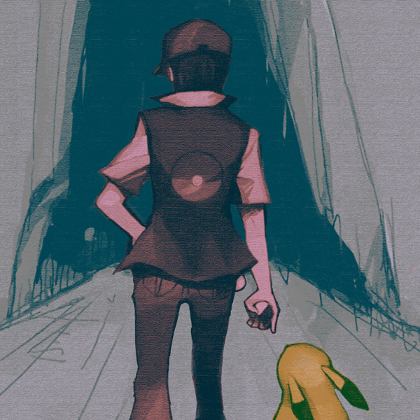 pikachu, red (pokemon), nintendo, pokemon, 1boy, baseball cap, from behind, gen 1 pokemon, hat, holding, holding poke ball, male focus, pinky out, poke ball, pokemon (creature)