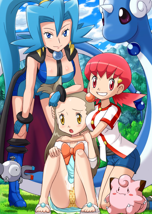 pokemoa, clair (pokemon), clefairy, dragonair, jasmine (pokemon), magnemite, whitney (pokemon), nintendo, pokemon, pokemon hgss, 00s, 3girls, bent over, blush, breasts, cleavage, fang, feet, gen 1 pokemon, grin, gym leader, hug, hug from behind, medium breasts, multiple girls, panties, pantyshot, pokemon (creature), polka dot, polka dot panties, sandals, short shorts, shorts, sitting, smile, two side up, underwear