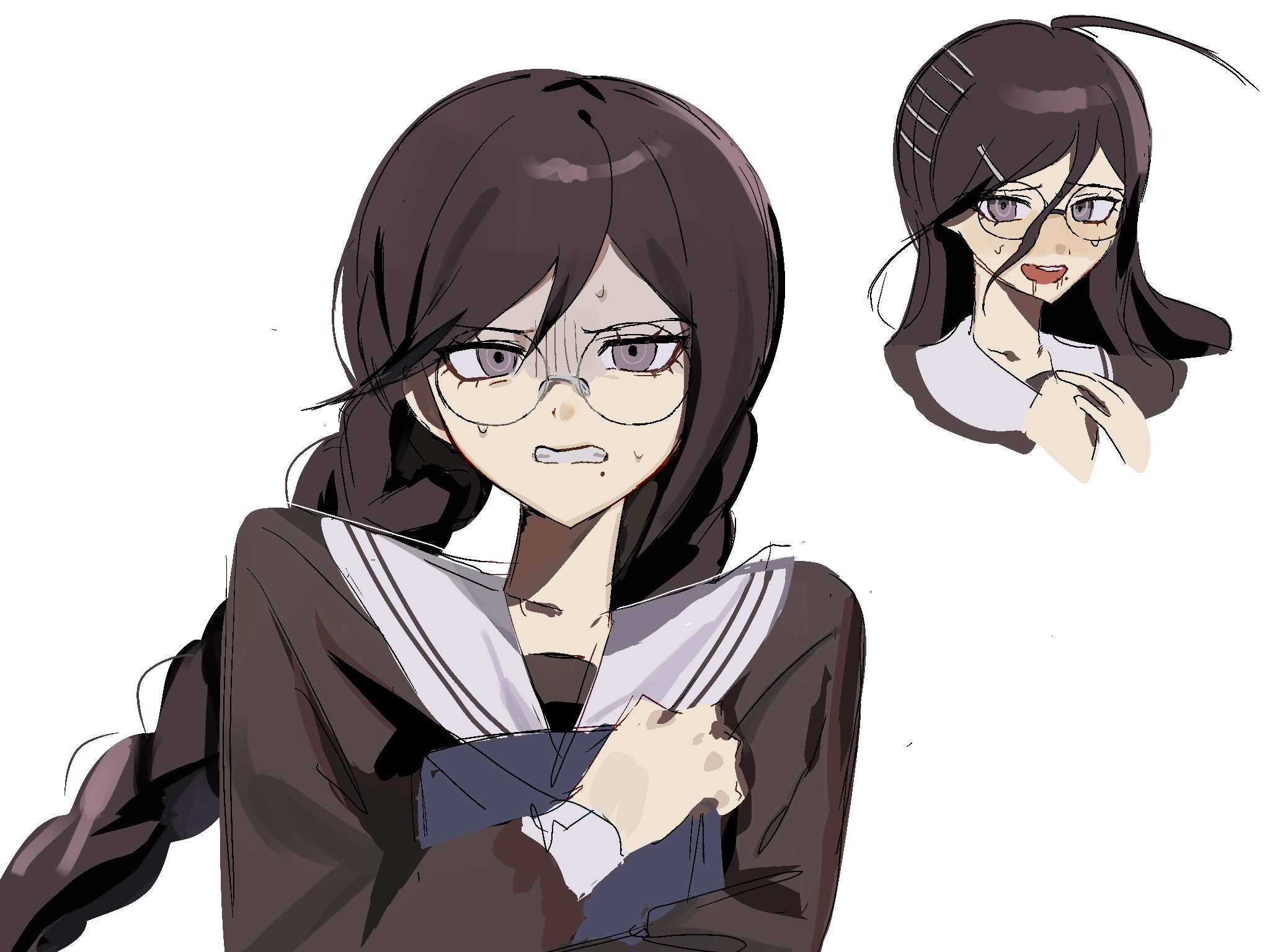 fukawa toko, danganronpa: trigger happy havoc, danganronpa (series), danganronpa another episode: ultra despair girls, commentary request, highres, 1girl, ahoge, book, braid, drooling, eyelashes, glasses, hair between eyes, hair ornament, hairclip, holding, holding book, kurata (user tzzm8274), long hair, long sleeves, mole, mole under mouth, multiple views, open mouth, purple hair, round eyewear, sailor collar, saliva, simple background, smile, teeth, twin braids, twintails, upper teeth only, white background, white sailor collar