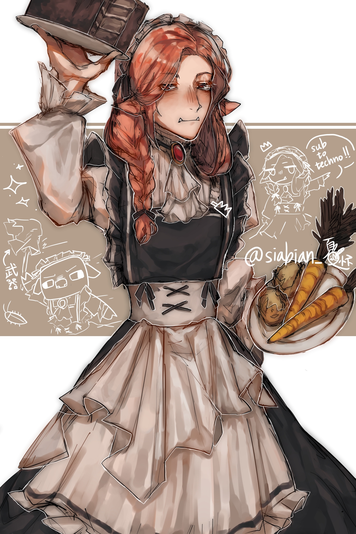 technoblade, minecraft youtube, bilingual commentary, chinese commentary, commentary, commentary request, english commentary, highres, mixed-language commentary, 1boy, alternate costume, androgynous, animal ears, animification, apron, ascot, bishounen, black dress, braid, brooch, carrot, cowboy shot, crossdressing, crossdressing (mtf), dress, enmaided, hair over one eye, holding, holding plate, humanization, jewelry, jitome, long dress, long hair, long sleeves, looking at viewer, maid, maid headdress, male focus, meme, pig boy, pig ears, pink hair, plate, potato, red eyes, siabian, side braid, signature, simple background, sketch inset, solo, standing, subscribe to technoblade (phrase), technomaid (meme), trap, tusks, white apron, white ascot