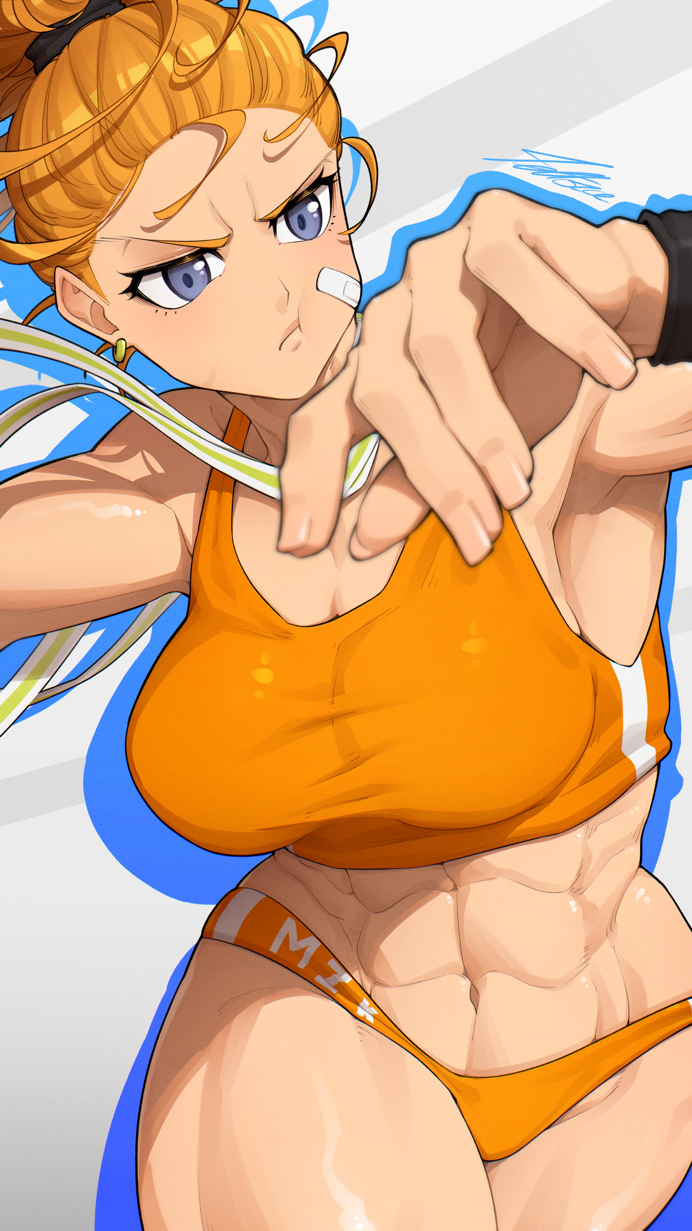 tettora, captain mizuki, one-punch man, absurdres, highres, 1girl, :t, abs, artist name, bandaid, bandaid on cheek, bandaid on face, blue eyes, breasts, colored shadow, earrings, jewelry, muscular, muscular female, orange hair, orange panties, orange sports bra, panties, ponytail, shadow, sports bra, underwear