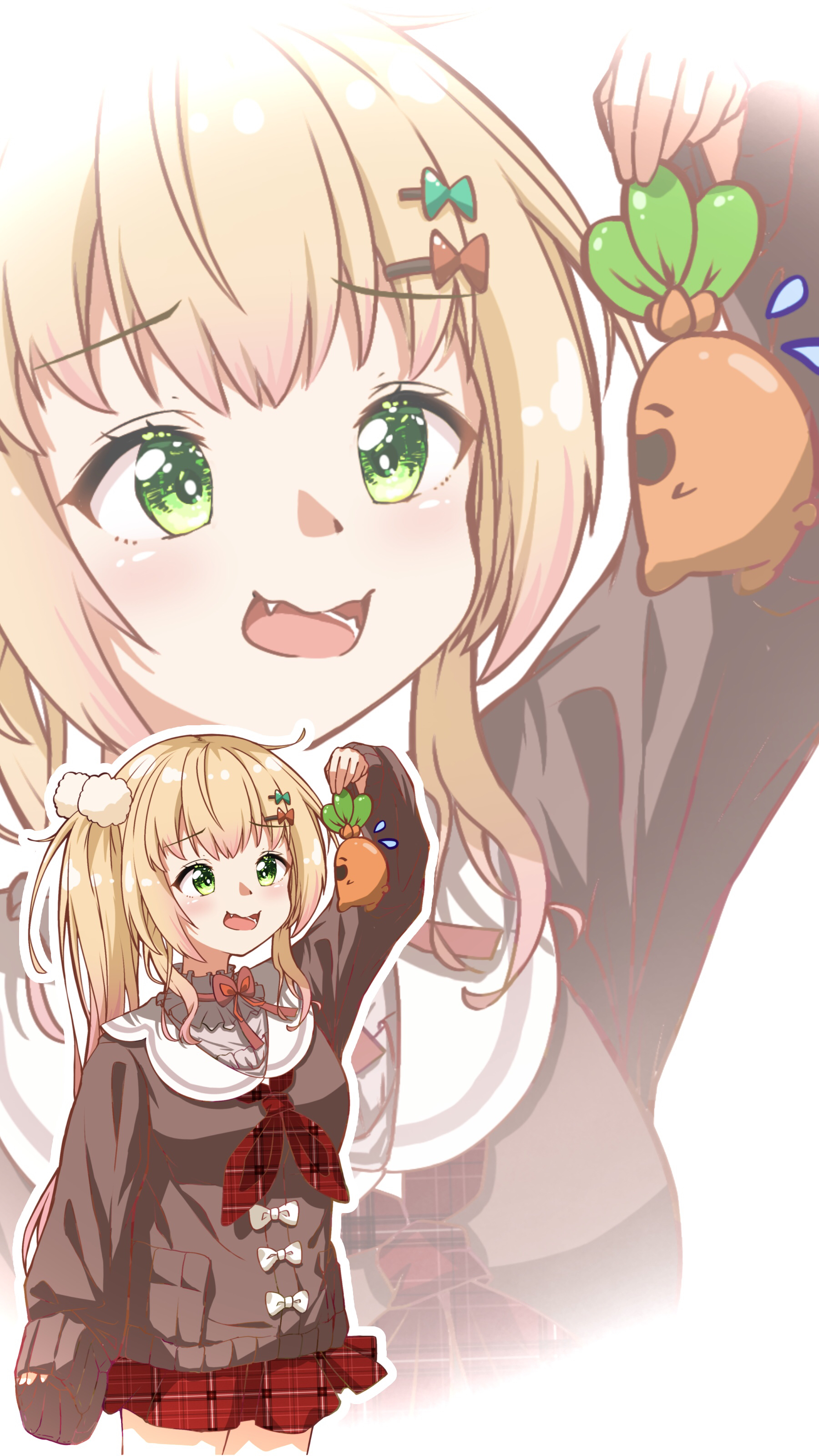 u da desu, momosuzu nene, momosuzu nene (casual), nekko (momosuzu nene), hololive, absurdres, commentary request, highres, 1girl, black jacket, blonde hair, fang, green eyes, hair ornament, hairpin, jacket, looking at viewer, official alternate costume, one side up, open mouth, red skirt, skirt, smile, solo, virtual youtuber, zoom layer