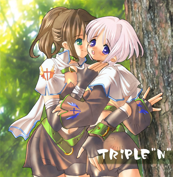 nanakichi, acolyte (ragnarok online), hunter (ragnarok online), ragnarok online, 2girls, blush, brown hair, cross, forest, green eyes, multiple girls, nature, ponytail, purple eyes, short hair, yuri