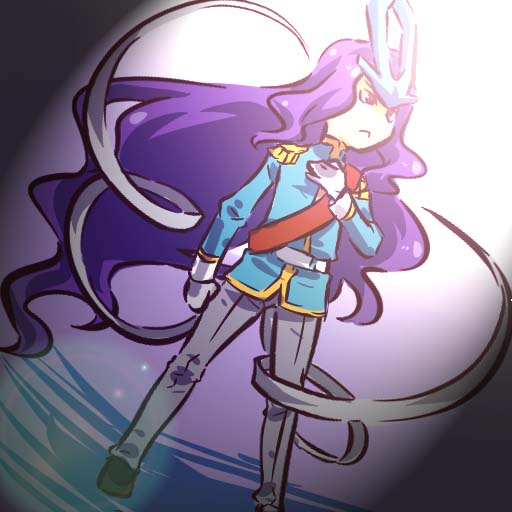 hitec, suicune, moemon, nintendo, pokemon, pokemon gsc, costume, 1990s (style), 1boy, :<, belt, dutch angle, epaulettes, gen 2 pokemon, gloves, hand on own chest, hand over heart, legendary pokemon, long hair, male focus, military, military uniform, personification, purple hair, red eyes, retro artstyle, sash, solo, very long hair