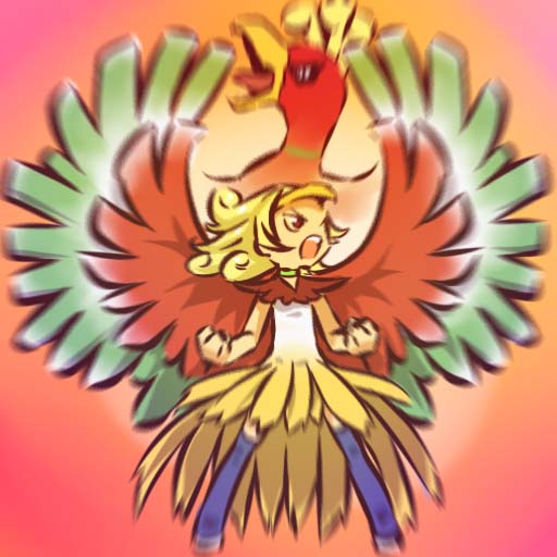 hitec, ho-oh, moemon, nintendo, pokemon, pokemon gsc, costume, 1990s (style), 1girl, beak, bird, blonde hair, blurry, brown eyes, choker, creature and personification, gen 2 pokemon, legendary pokemon, open mouth, personification, pokemon (creature), retro artstyle, thighhighs, wings