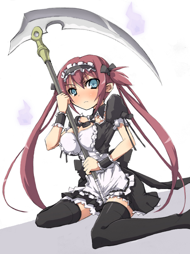 sasamashin, airi (queen's blade), airi (the infernal temptress), queen's blade, angry, blush, maid, maid headdress, red hair, scythe, solo, thighhighs, twintails, zettai ryouiki
