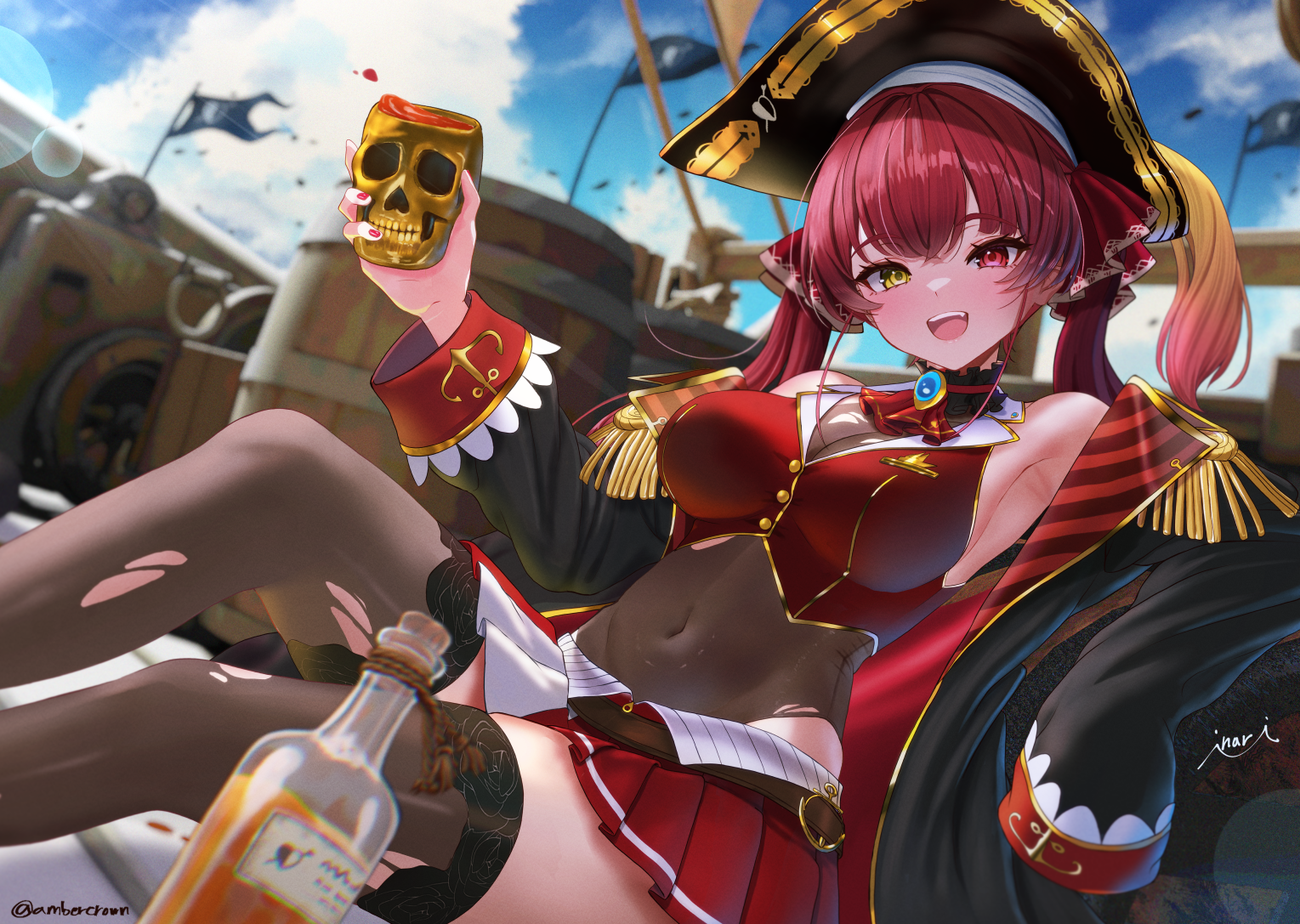 inari (ambercrown), dokuro-kun (houshou marine), houshou marine, houshou marine (1st costume), hololive, commentary request, 1girl, :d, bare shoulders, black thighhighs, blush, breasts, cropped jacket, feet out of frame, hat, heterochromia, jacket, large breasts, looking at viewer, on ship, open mouth, pirate hat, red eyes, red hair, red jacket, red skirt, ship, sitting, skirt, sleeveless, sleeveless jacket, smile, solo, teeth, thighhighs, twintails, upper teeth only, virtual youtuber, watercraft, yellow eyes