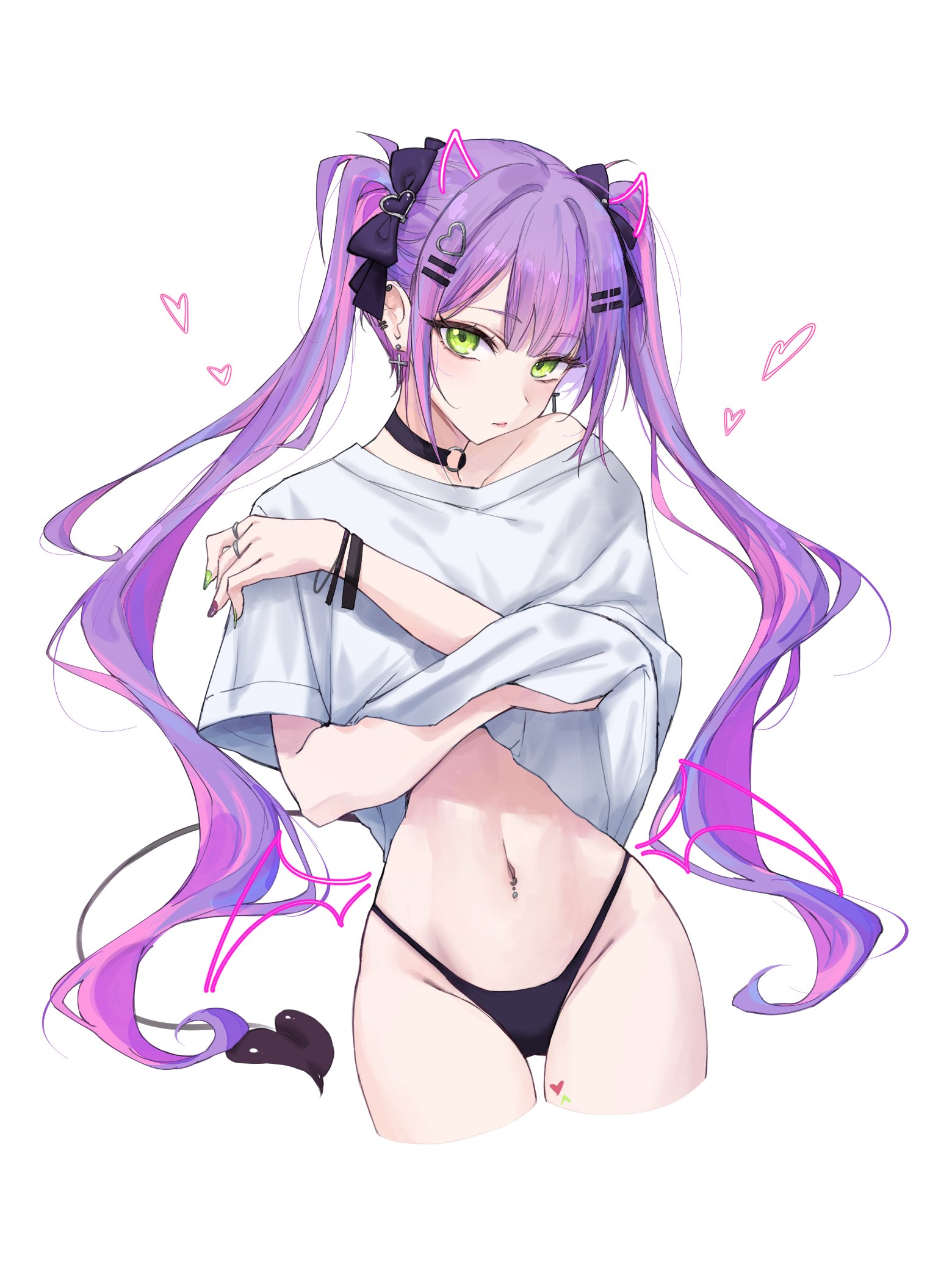 feint721, tokoyami towa, hololive, highres, 1girl, black choker, black panties, bracelet, choker, colored inner hair, cross, cross earrings, demon girl, demon tail, double-parted bangs, ear piercing, earrings, green eyes, green nails, hair ornament, hairclip, heart, heart tattoo, jewelry, long hair, looking at viewer, multicolored hair, nail polish, navel, navel piercing, no pants, o-ring, o-ring choker, panties, parallel hairclips, piercing, pink hair, purple hair, purple nails, shirt, sidelocks, simple background, solo, streaked hair, tail, tattoo, twintails, underwear, very long hair, virtual youtuber, white background, white shirt
