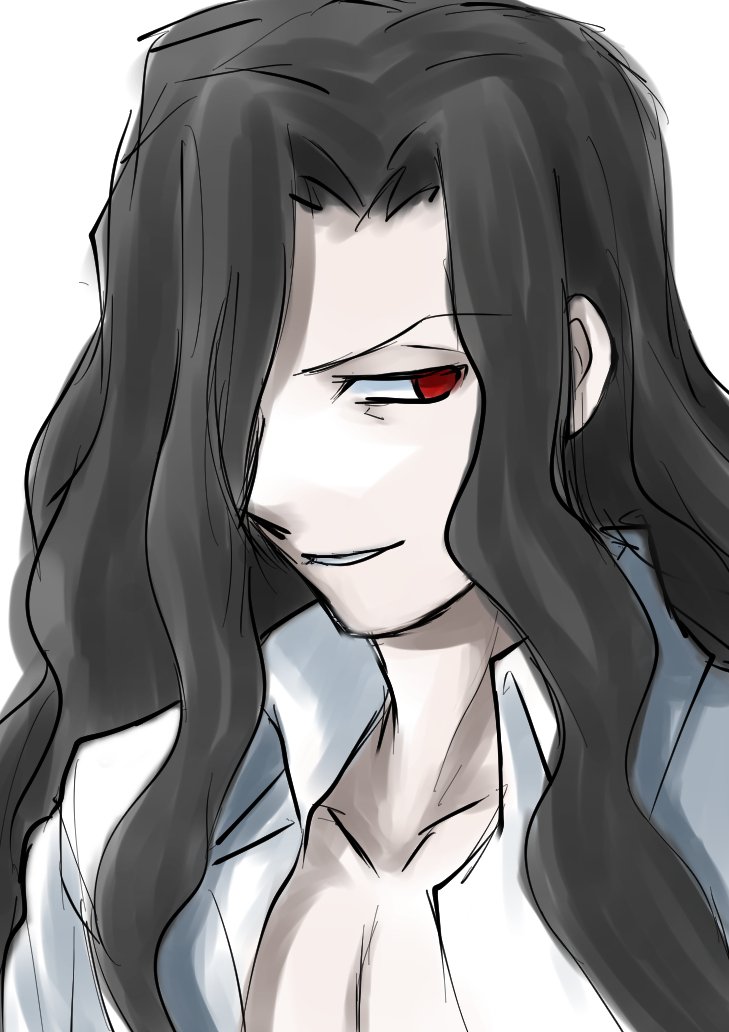 michael roa valdamjong, tsukihime, commentary request, 1boy, black hair, evil smile, long hair, male focus, mond blinzen, open clothes, open shirt, pectorals, profile, red eyes, sketch, smile, smirk, solo, wavy hair, white background