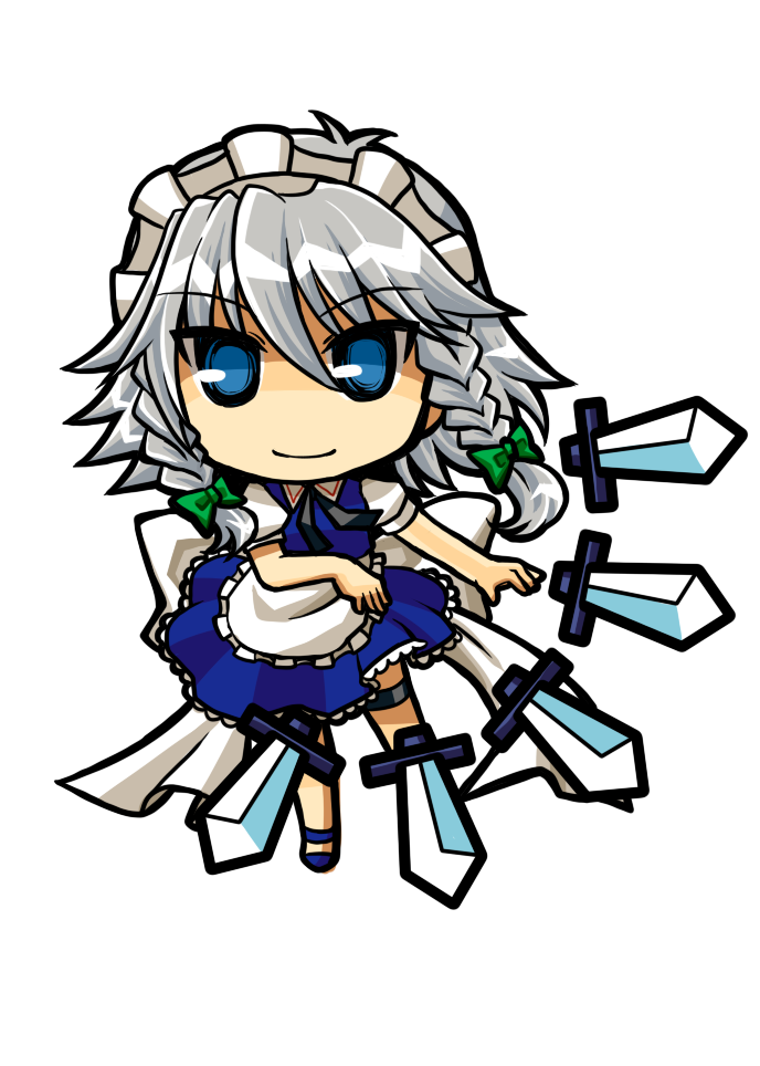 socha, izayoi sakuya, touhou, silver hair, 1girl, blue eyes, braid, chibi, female focus, full body, hair ribbon, knife, maid, maid headdress, ribbon, solo, throwing knife, transparent background, twin braids, weapon