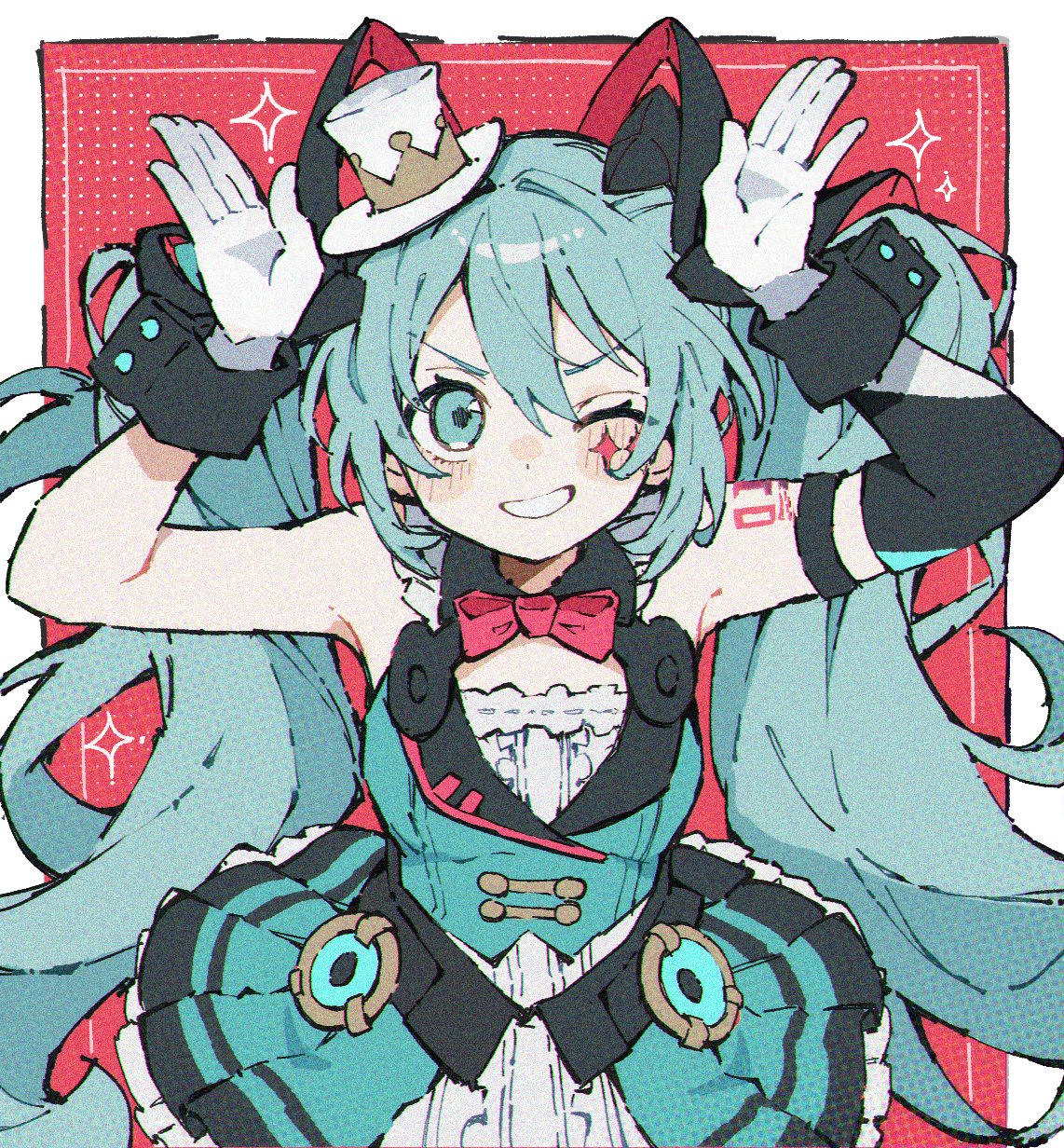 hatsune miku, commentary request, highres, animal ears, bow, bowtie, buttons, cat ears, dress, facial tattoo, frills, green eyes, green hair, grin, hat, looking at viewer, one eye closed, red bow, red bowtie, sanye mitsuyo, smile, sparkle, tattoo, top hat, twintails