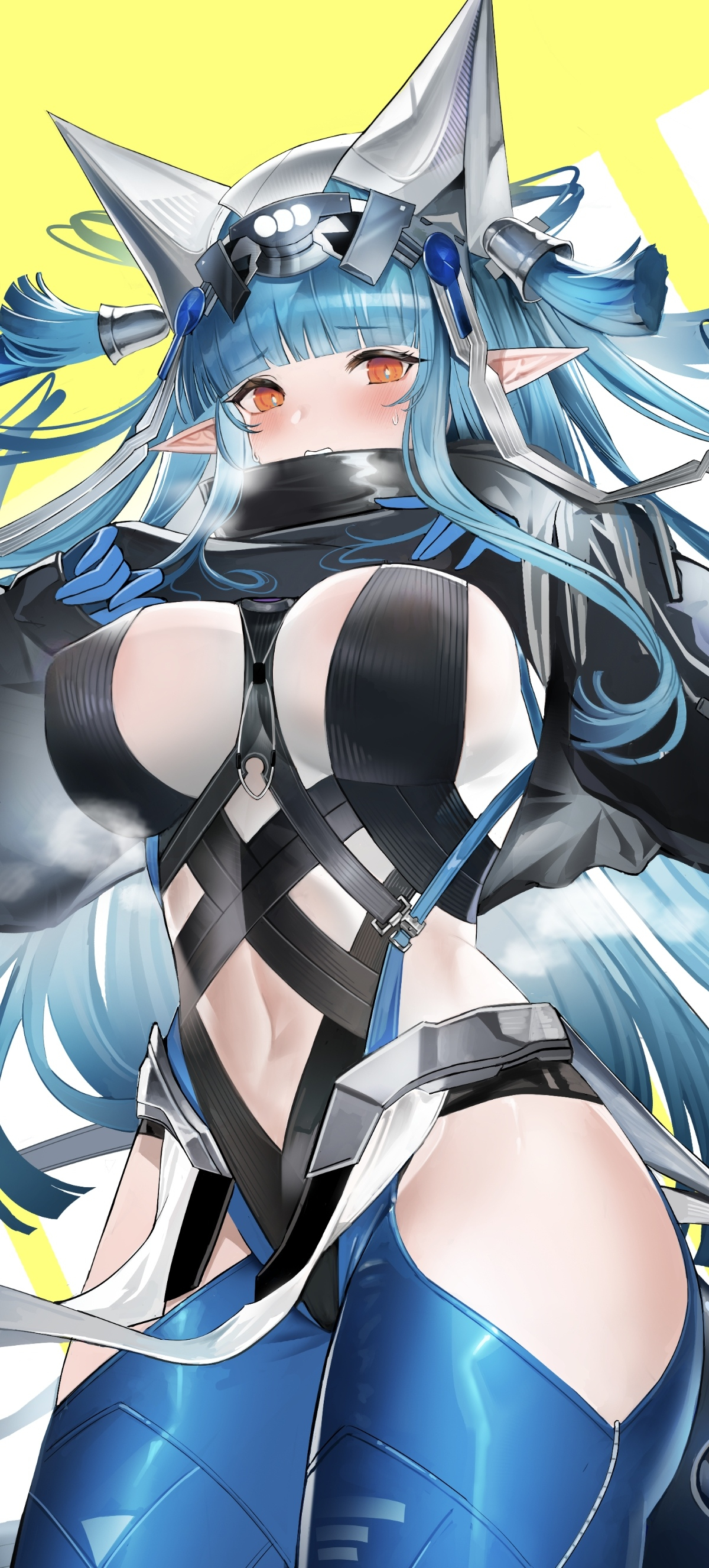 last rite (arknights), arknights, arknights: endfield, absurdres, chinese commentary, commentary request, highres, 1girl, blue gloves, blue hair, blush, breasts, brown eyes, clothing cutout, covered erect nipples, gloves, leotard, long hair, looking at viewer, navel, pointy ears, see-through clothes, simple background, solo, sweat, thighs, two-tone background, user vcxf5283, white background, yellow background