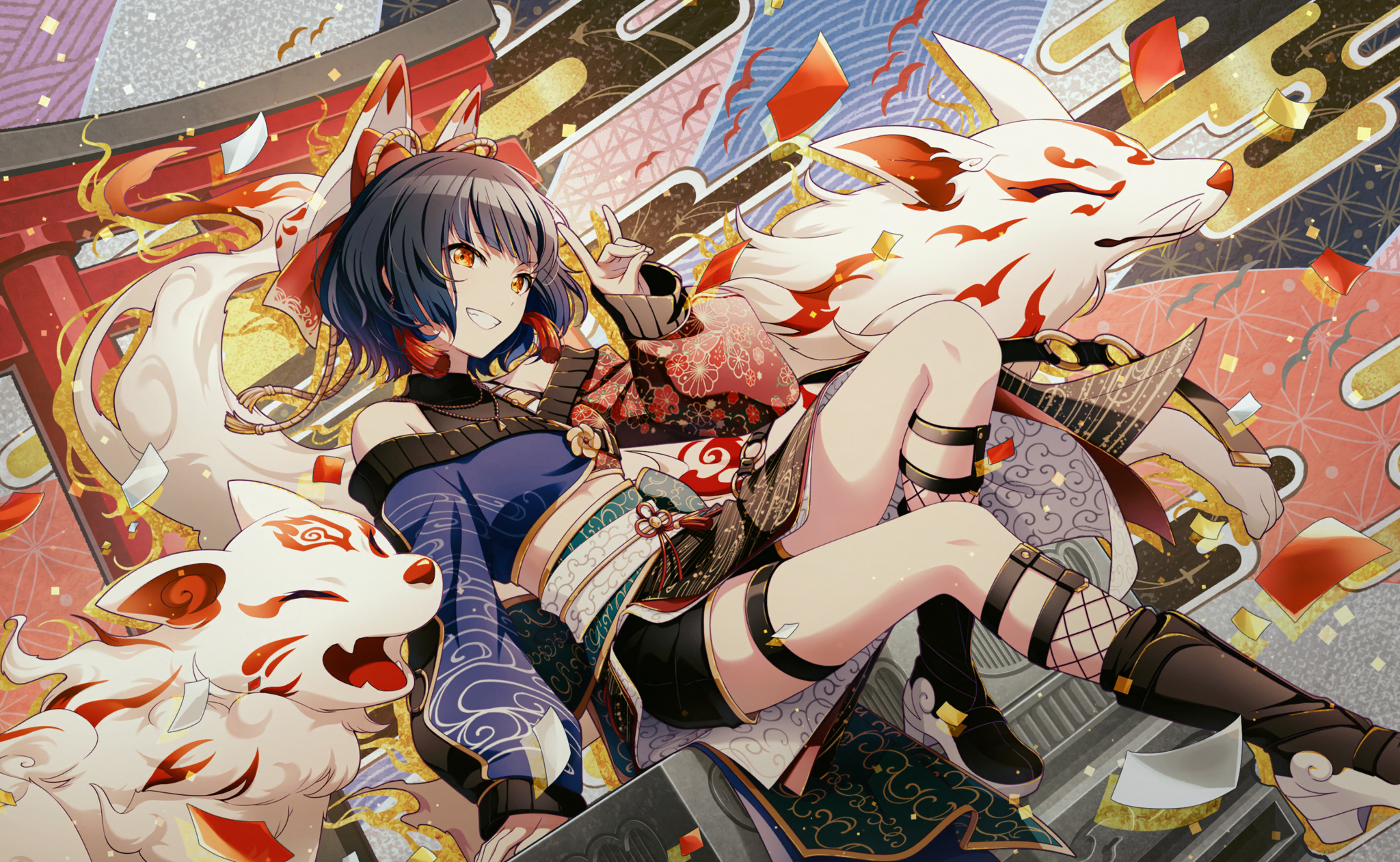 colorful palette, shiraishi an, project sekai, game cg, highres, official art, third-party source, 1girl, :d, black dress, black hair, black shoes, black socks, dress, fishnet socks, fishnets, floral print, fox, fox shadow puppet, grin, jewelry, long sleeves, necklace, official alternate costume, official alternate hair length, official alternate hairstyle, open mouth, orange eyes, paper, puffy long sleeves, puffy sleeves, shinshun! shishimai robo no oshougatsu show! (project sekai), shoes, sleeveless, sleeveless dress, smile, socks, solo, teeth, torii