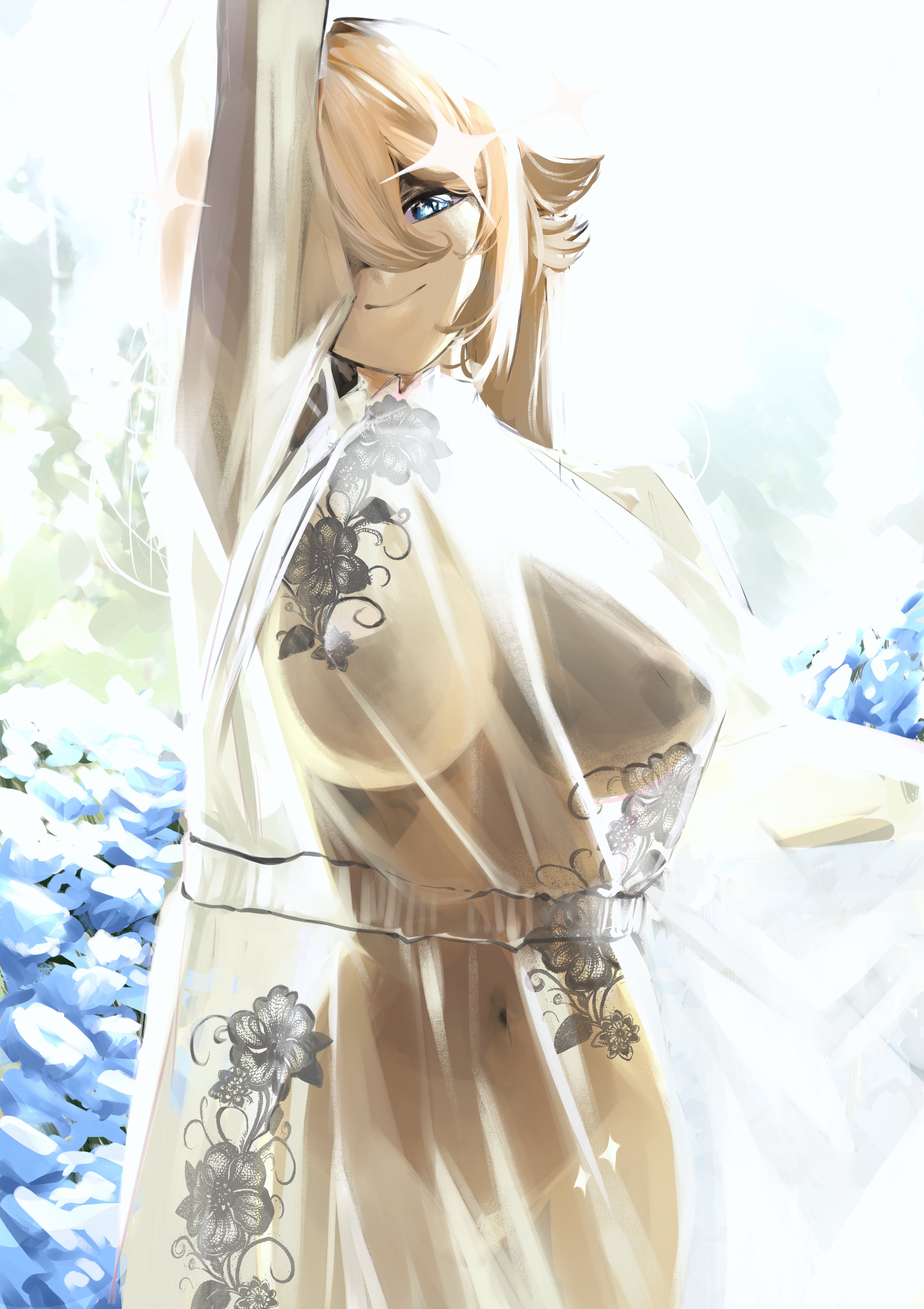 pupi (rain prophet), kaneko lumi, phase connect, absurdres, commentary, english commentary, highres, 1girl, arm up, blonde hair, blue eyes, breasts, dress, floral print, large breasts, long hair, navel, nipples, see-through clothes, see-through dress, smile, solo, virtual youtuber