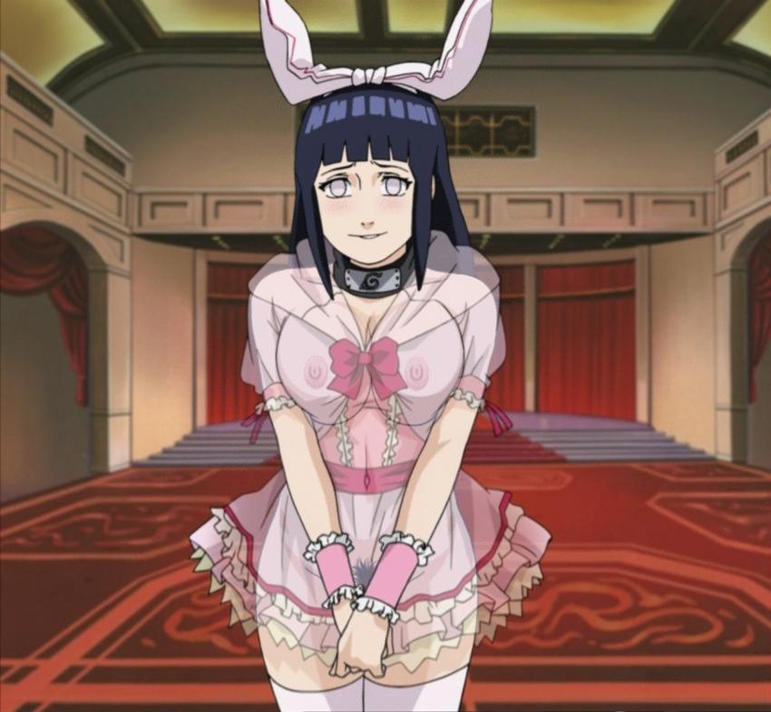 hyuuga hinata, naruto (classic), naruto (series), screencap, third-party edit, 1girl, animal ears, blush, breasts, female focus, large breasts, pubic hair, rabbit ears, see-through clothes, smile, solo