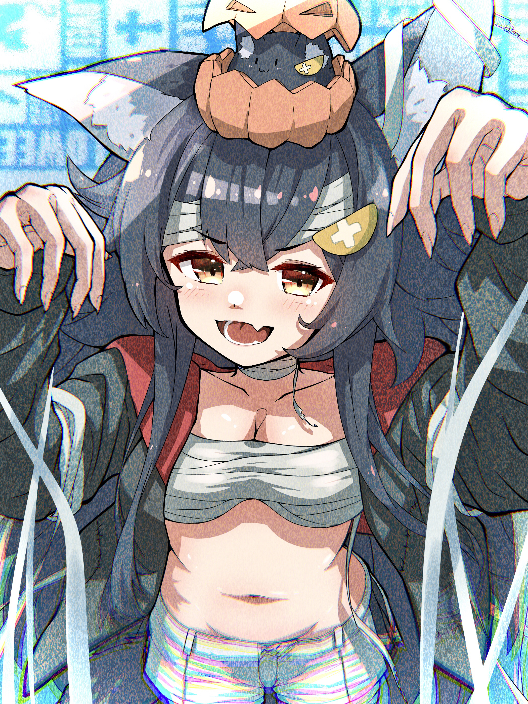 u da desu, ookami mio, hololive, absurdres, commentary request, highres, 1girl, animal ear fluff, animal ears, black hair, black jacket, breasts, chest sarashi, claw pose, cleavage, fang, hair ornament, hairpin, jacket, long hair, looking at viewer, medium breasts, sarashi, shorts, skin fang, smile, solo, very long hair, virtual youtuber, white shorts, wolf ears, wolf girl