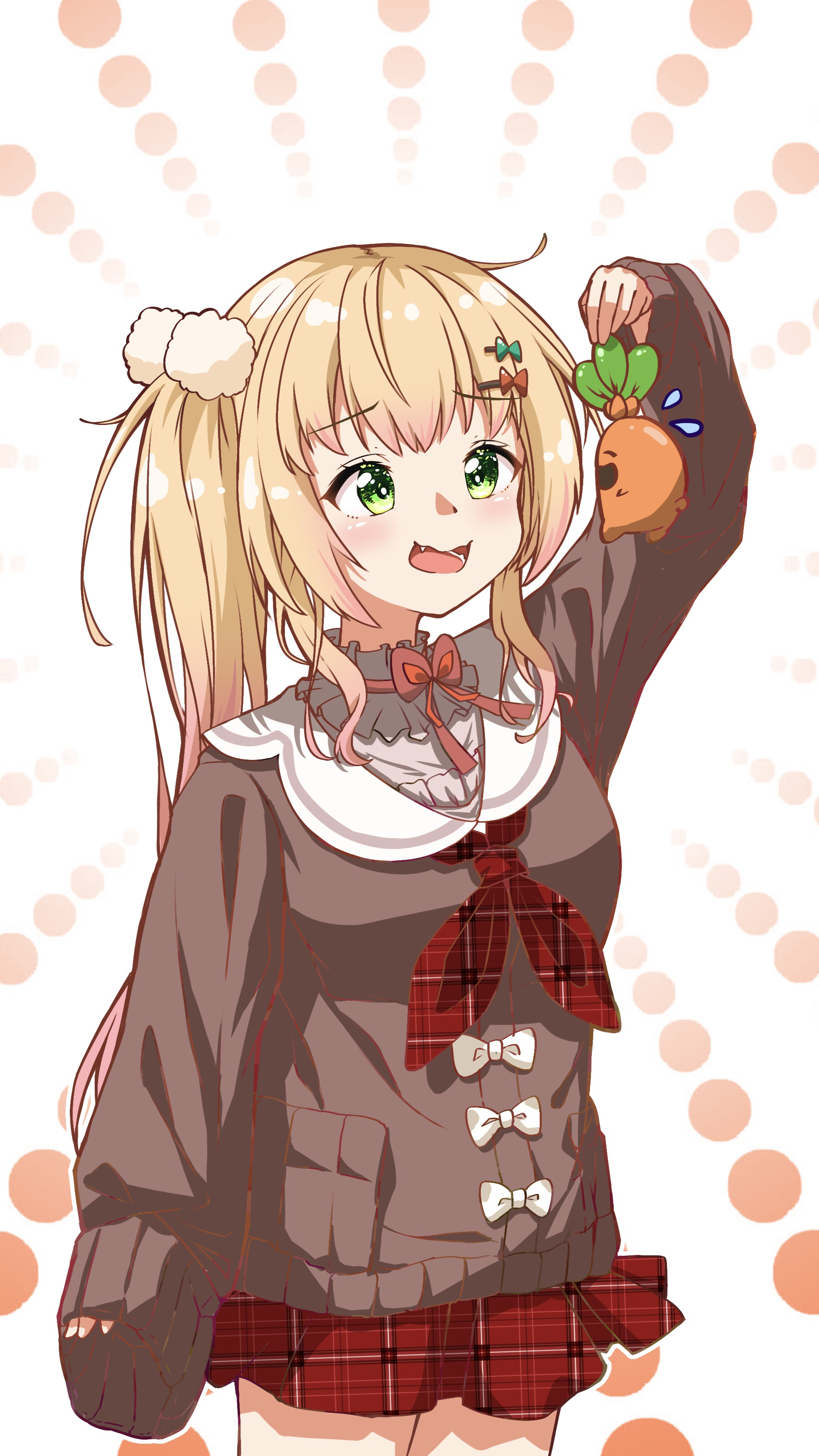 u da desu, momosuzu nene, momosuzu nene (casual), nekko (momosuzu nene), hololive, absurdres, commentary request, highres, 1girl, black jacket, blonde hair, fang, green eyes, hair ornament, hairpin, jacket, looking at viewer, official alternate costume, one side up, open mouth, red skirt, skirt, smile, solo, virtual youtuber