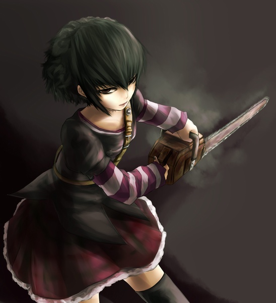 yosa, frederica sawyer, black lagoon, 1girl, black hair, chainsaw, female focus, goth fashion, short hair, solo, thighhighs, zettai ryouiki