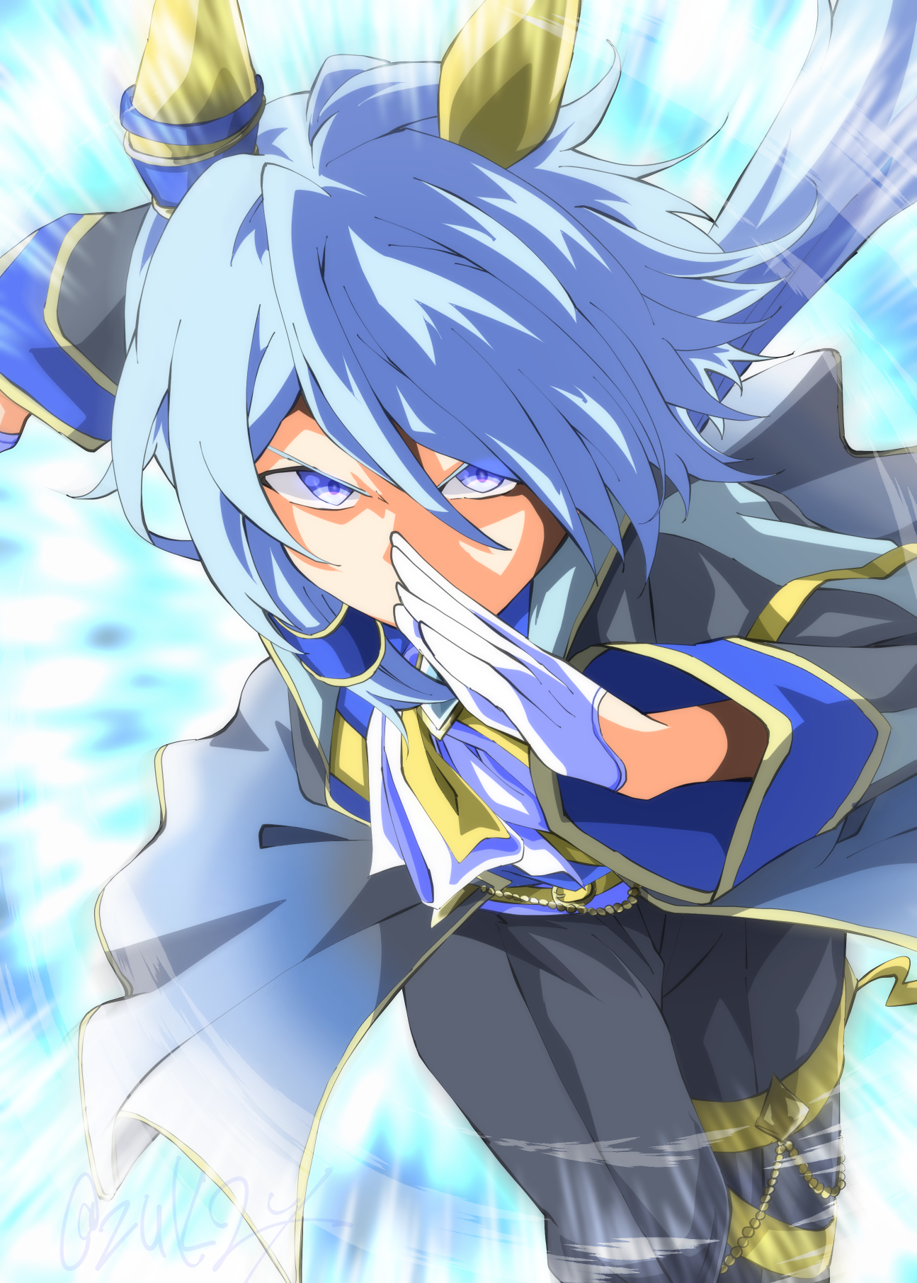 zukki (bijitaru), k.s.miracle (prism) (umamusume), k.s.miracle (umamusume), umamusume, commentary request, highres, 1girl, animal ears, belt, black pants, blue eyes, blue hair, blue jacket, blue shirt, bow, ear covers, gloves, hair between eyes, half gloves, horse ears, horse girl, horse tail, jacket, long sleeves, looking at viewer, pants, running, shirt, short hair, solo, tail, white gloves, yellow belt